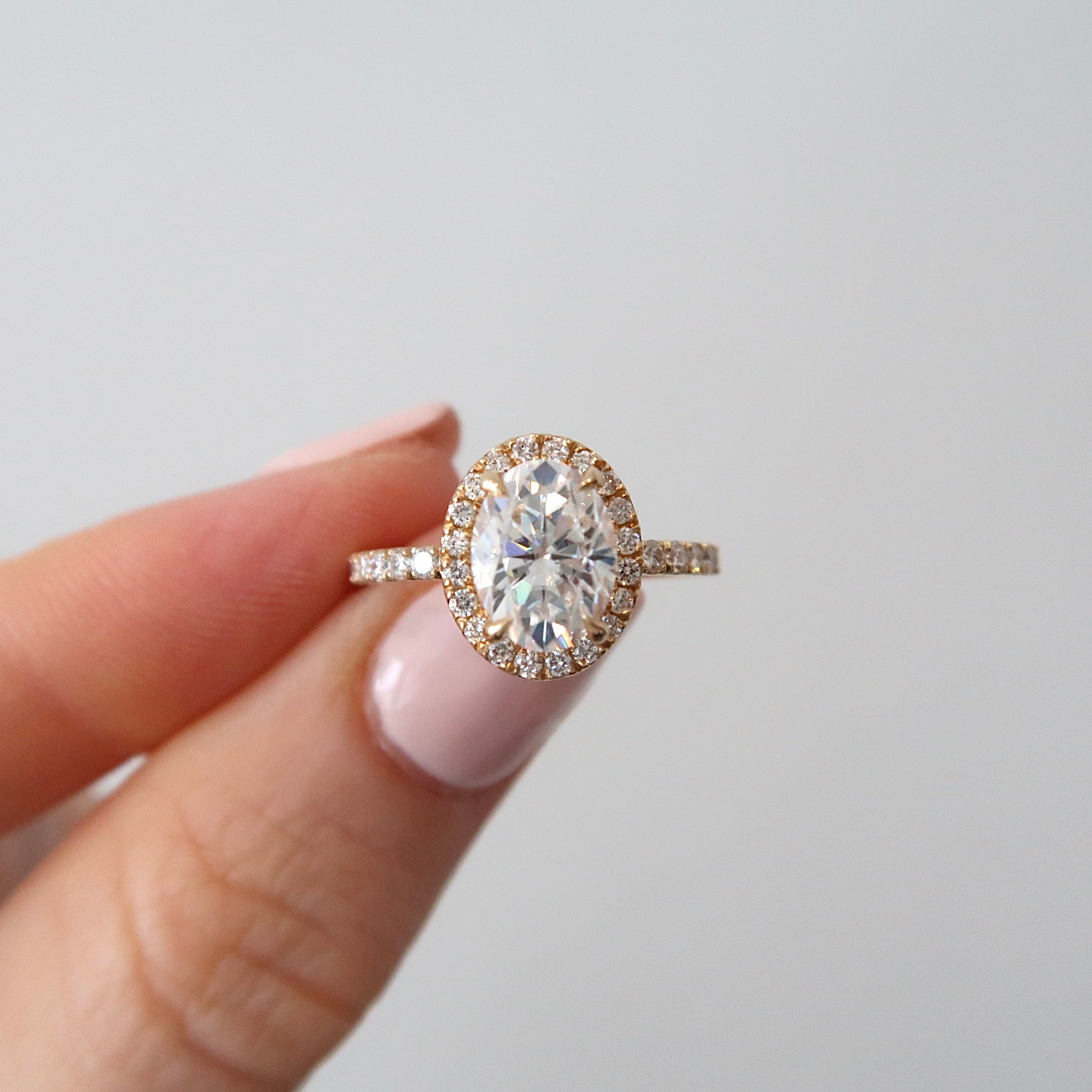 READY: 1.5 ct Oval Moissanite Yellow Gold Halo Ring