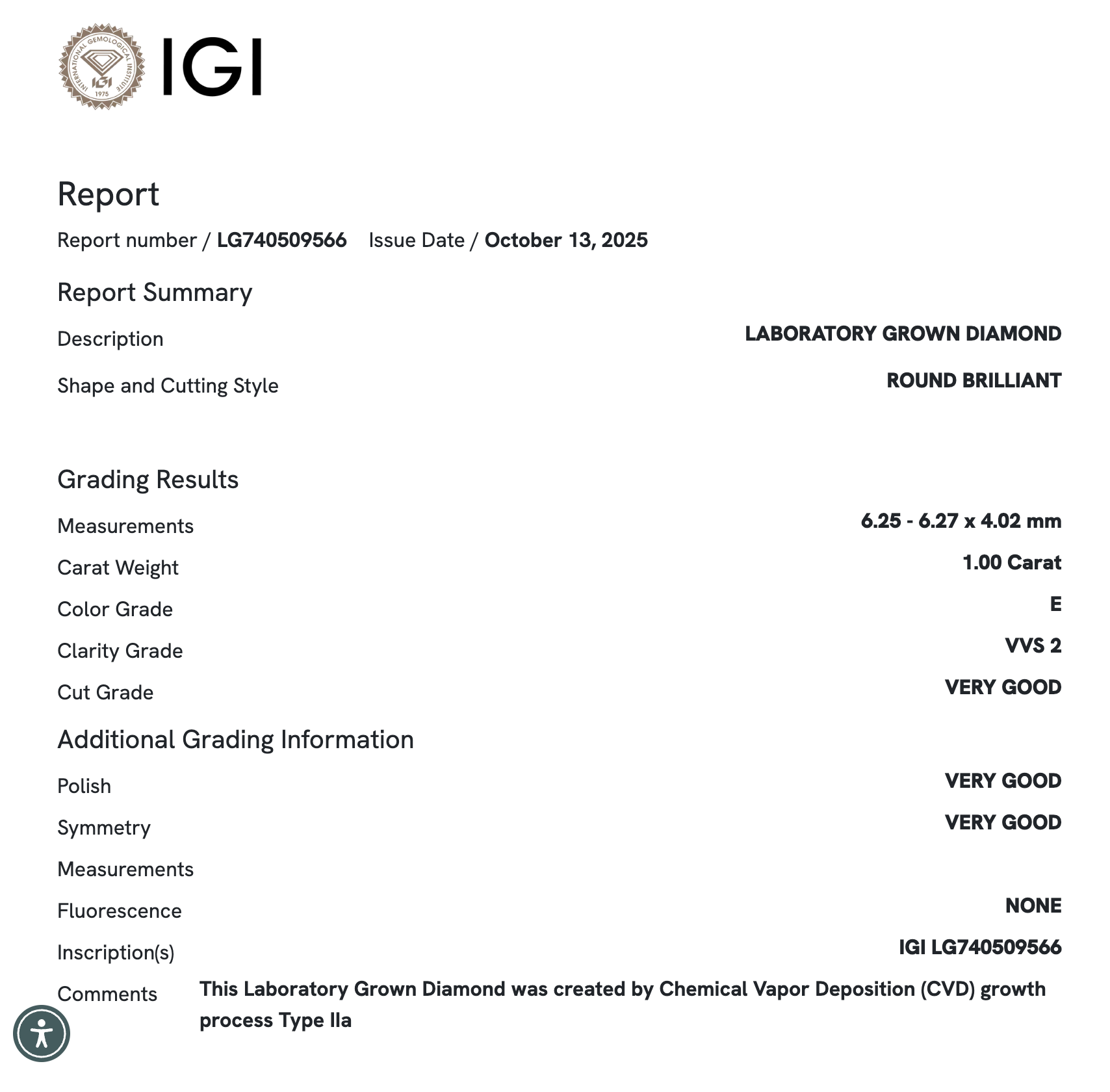 Lab Diamond - Round 1.00 ct E VVS2