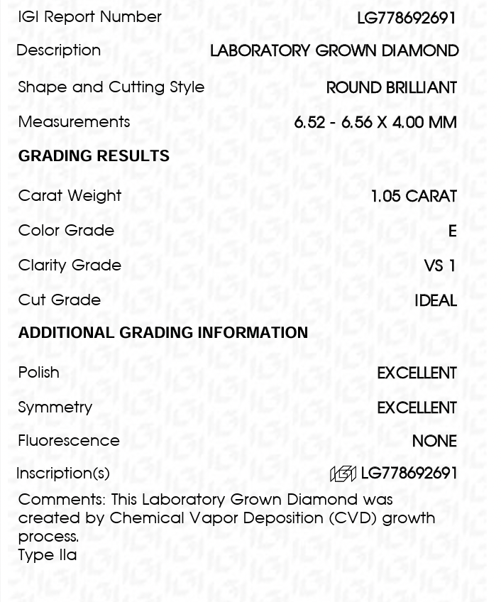 Lab Diamond - Round 1.05 ct E VS1