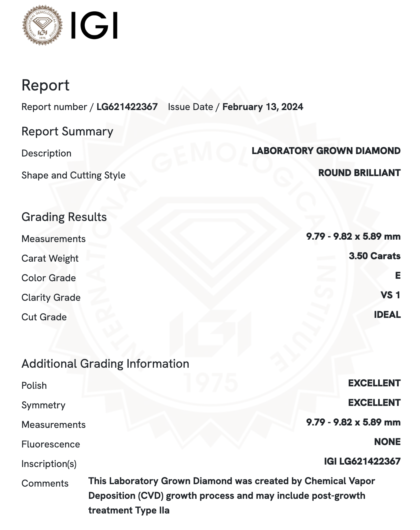 Lab Diamond - Round 3.50 CT E VS1