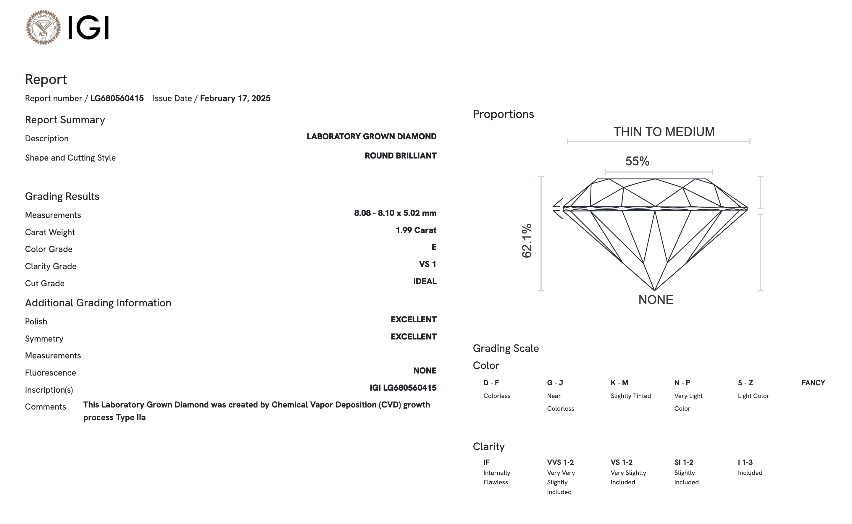 Lab Diamond - Round 1.99 ct E VS1