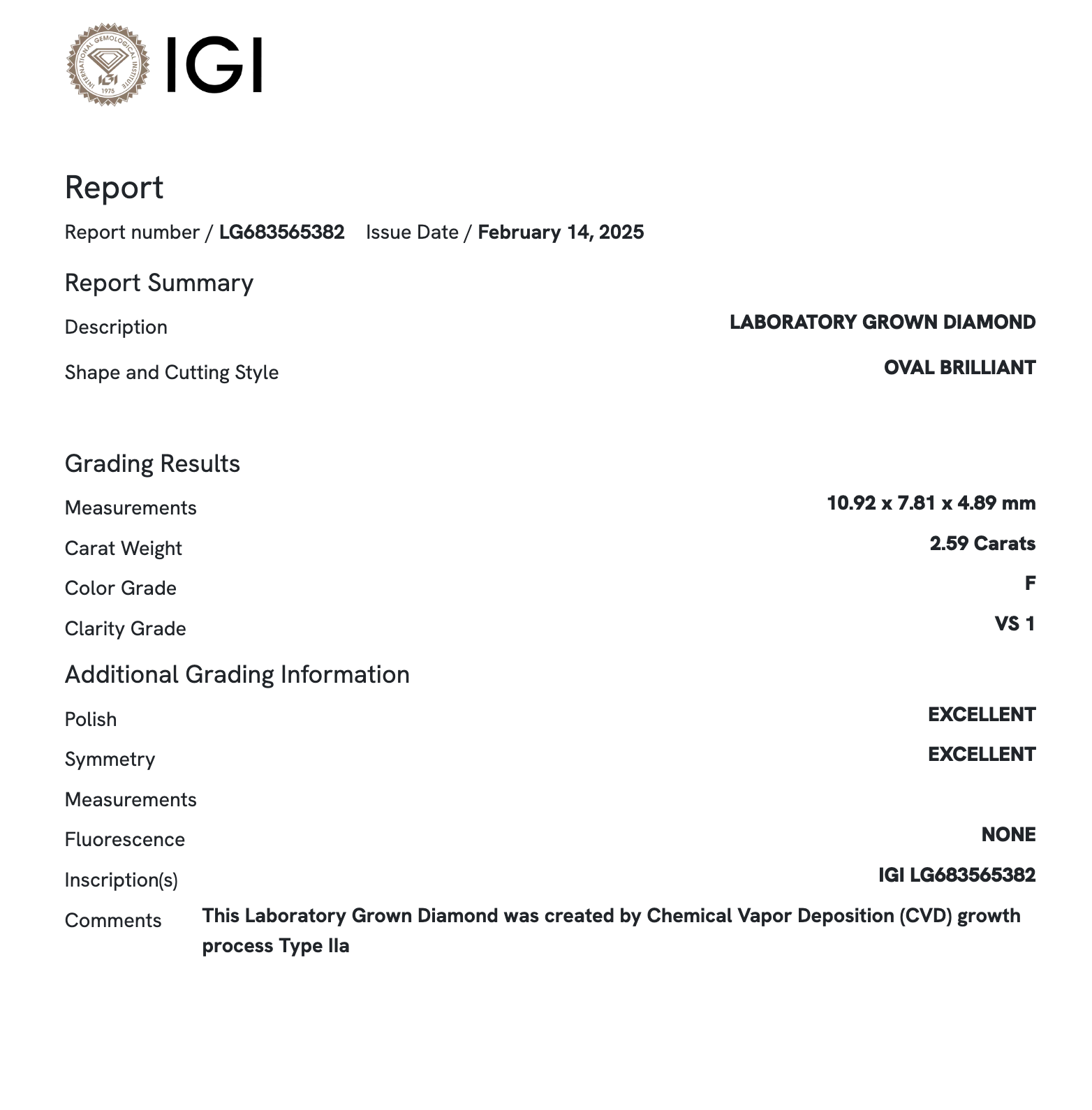Lab Diamond - Oval 2.59 ct F VS1