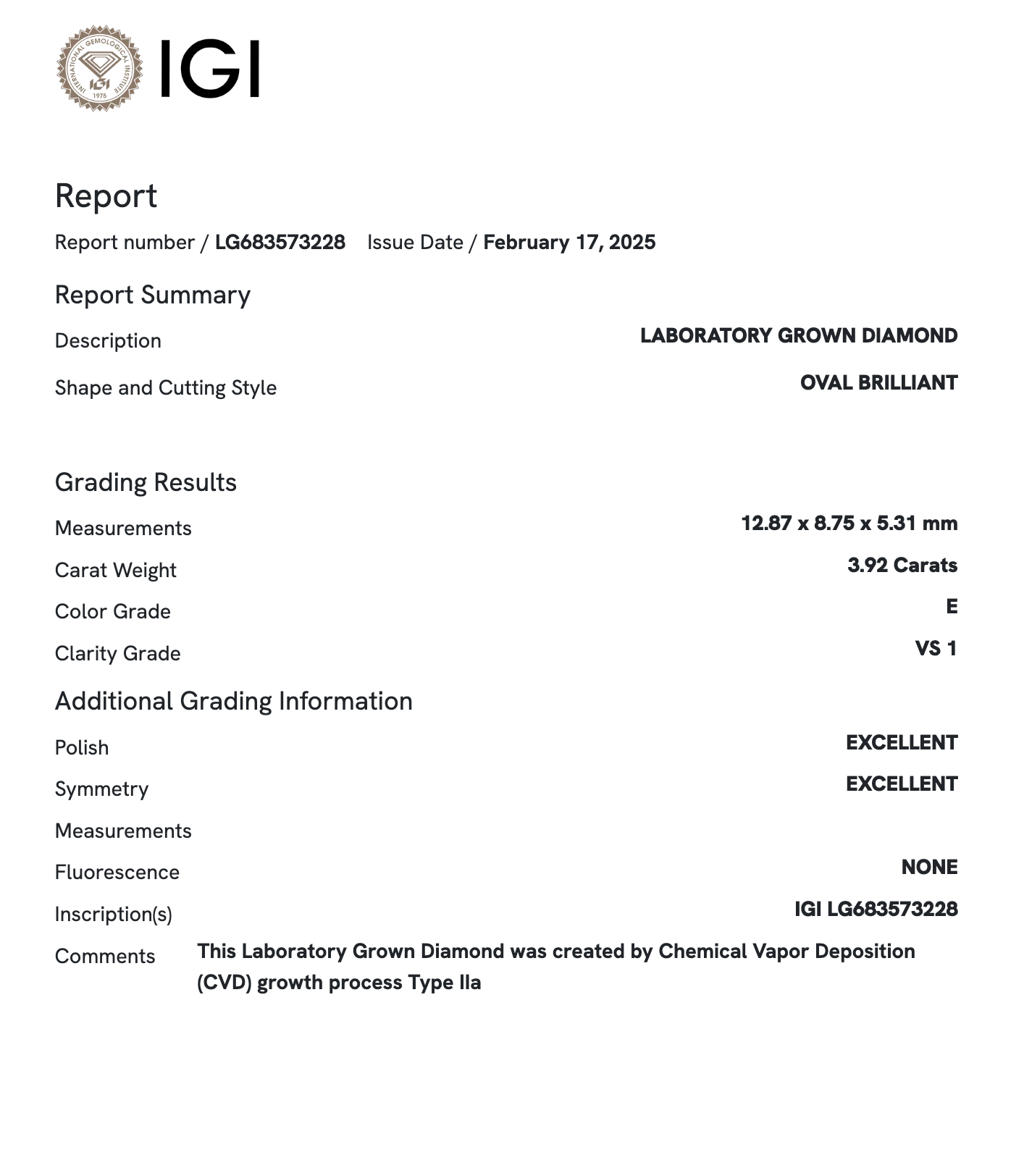 Lab Diamond - Oval 3.92 ct E VS1