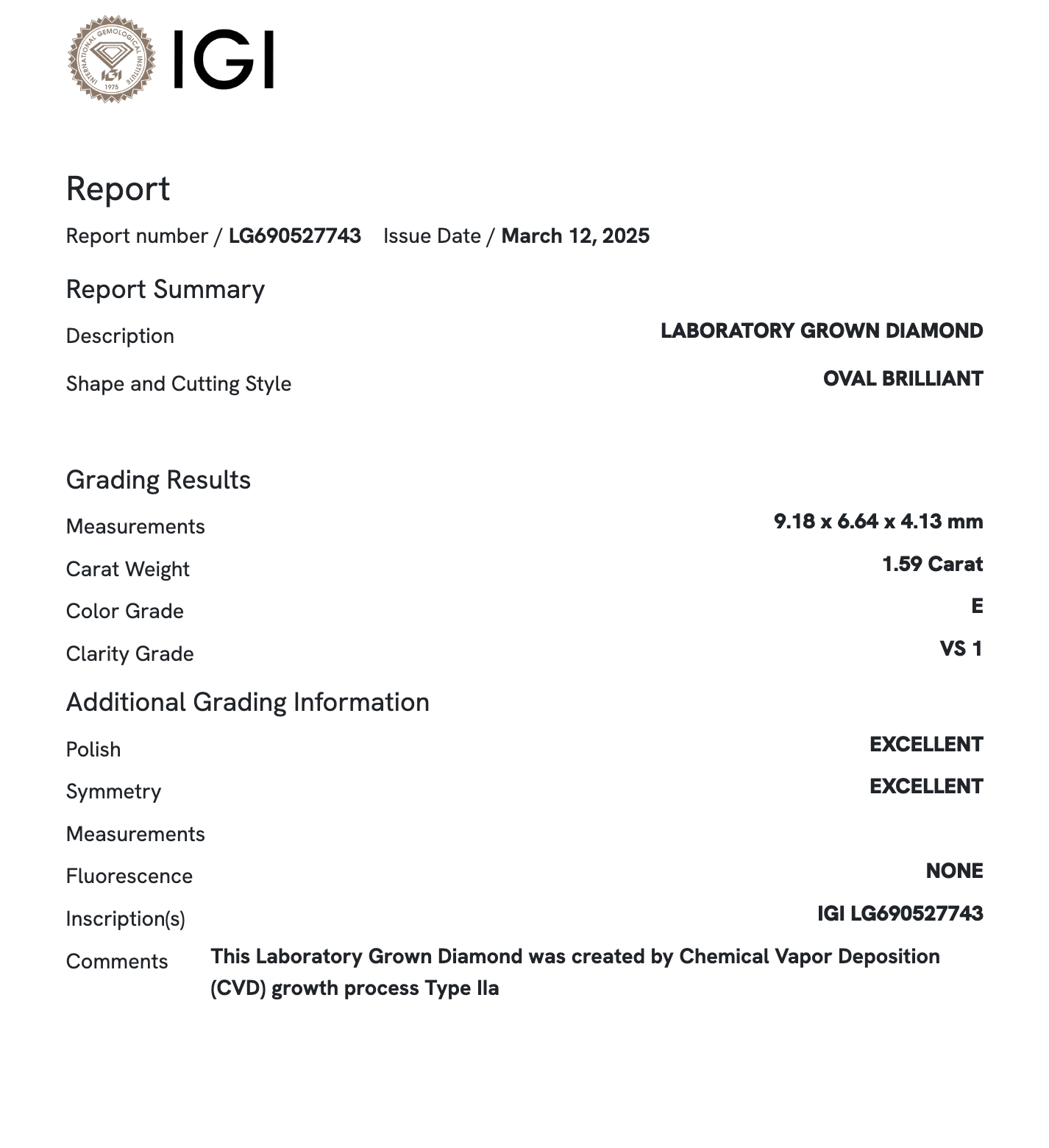 Lab Diamond - Oval 1.59 E VS1