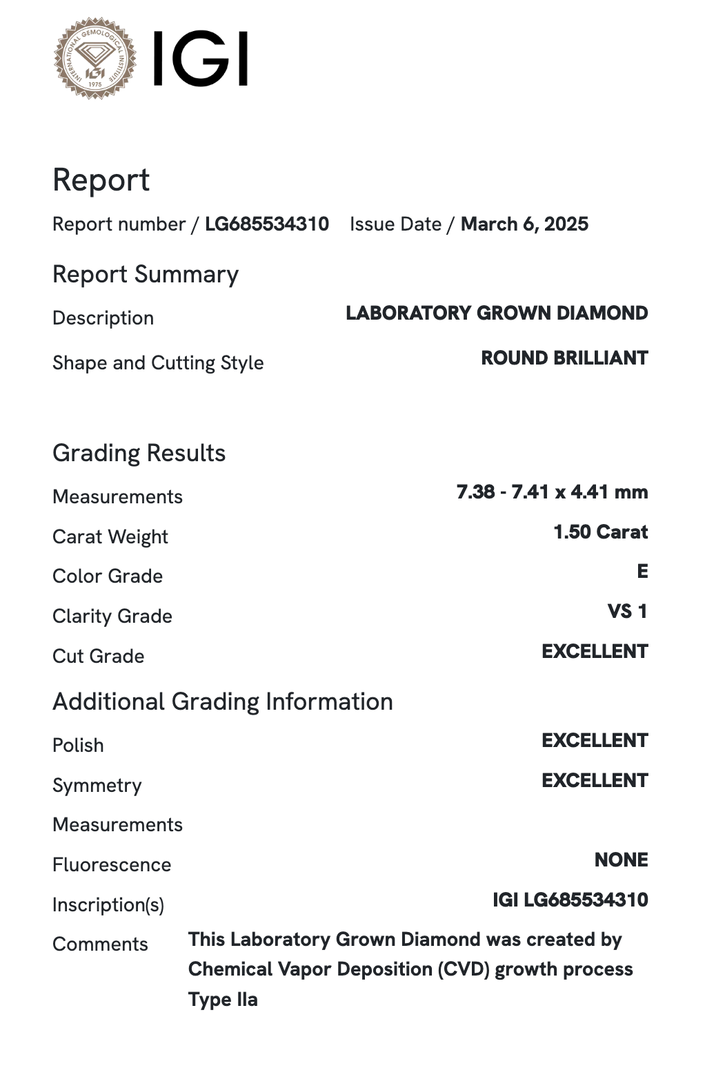 Lab Diamond - Round 1.50 E VS1