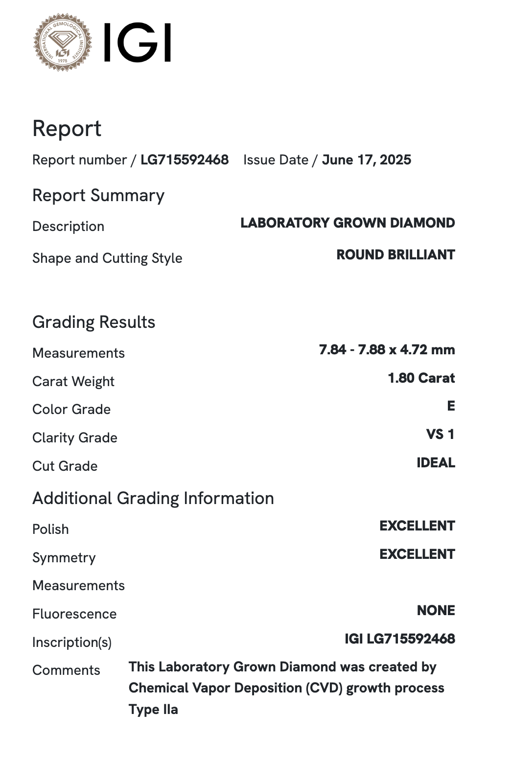 Lab Diamond - Round 1.80 E VS1