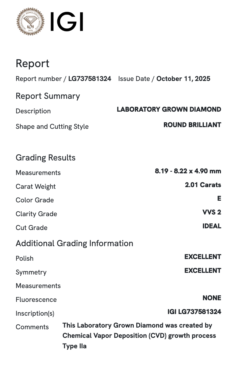 Lab Diamond - Round 2.01 E VVS2