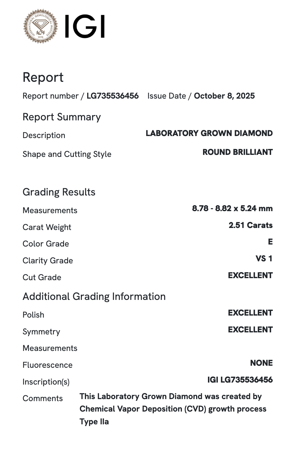 Lab Diamond - Round 2.51 E VS1