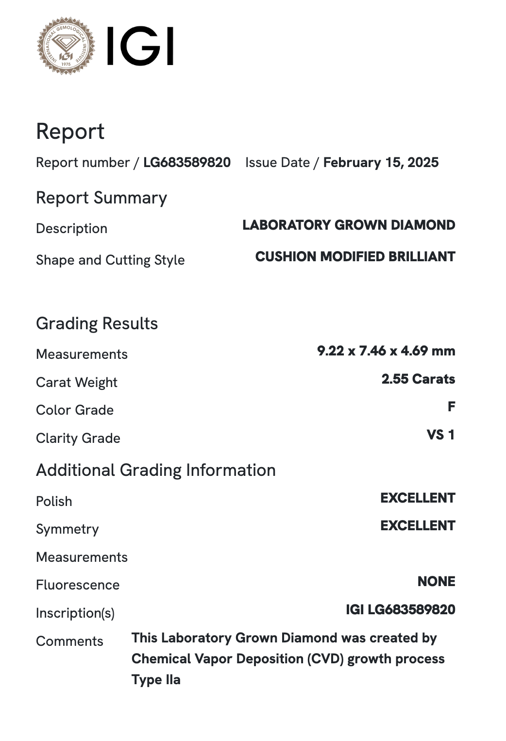 Lab Diamond - Antique Cushion (OMC) 2.55 ct F VS1