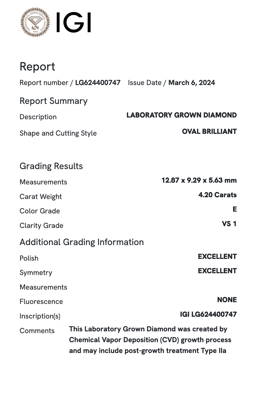 Lab Diamond - Oval 4.20 ct E VS1