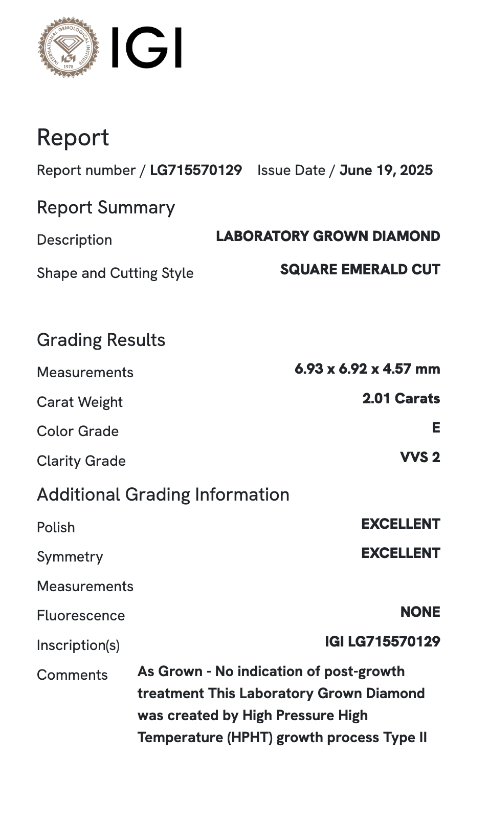 Lab Diamond Solitaire - 2.01 ct E VVS2 Asscher Cut