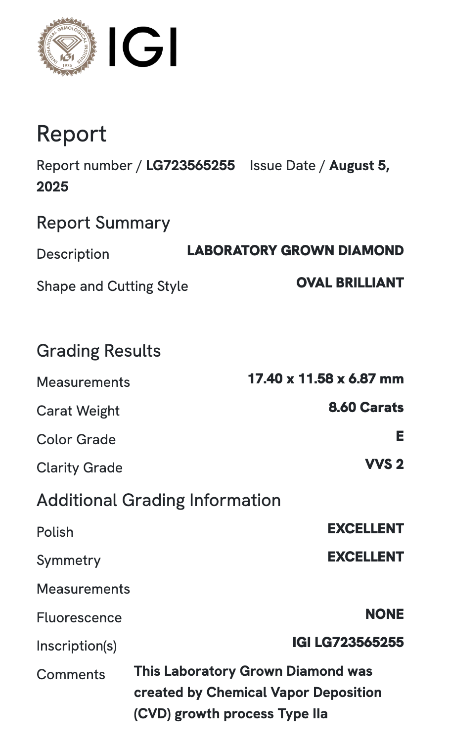 Lab Diamond Solitaire - 8.60 ct Oval E VVS2 Lab Diamond Ring