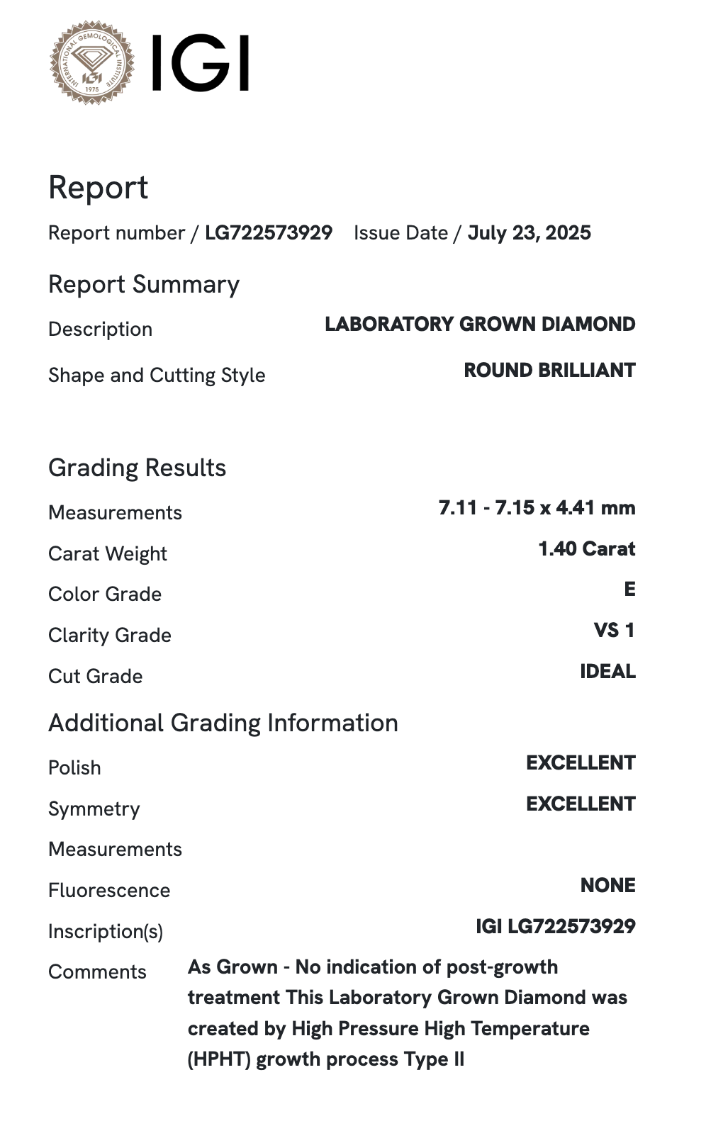 Lab Diamond - Round 1.40 ct E VS1