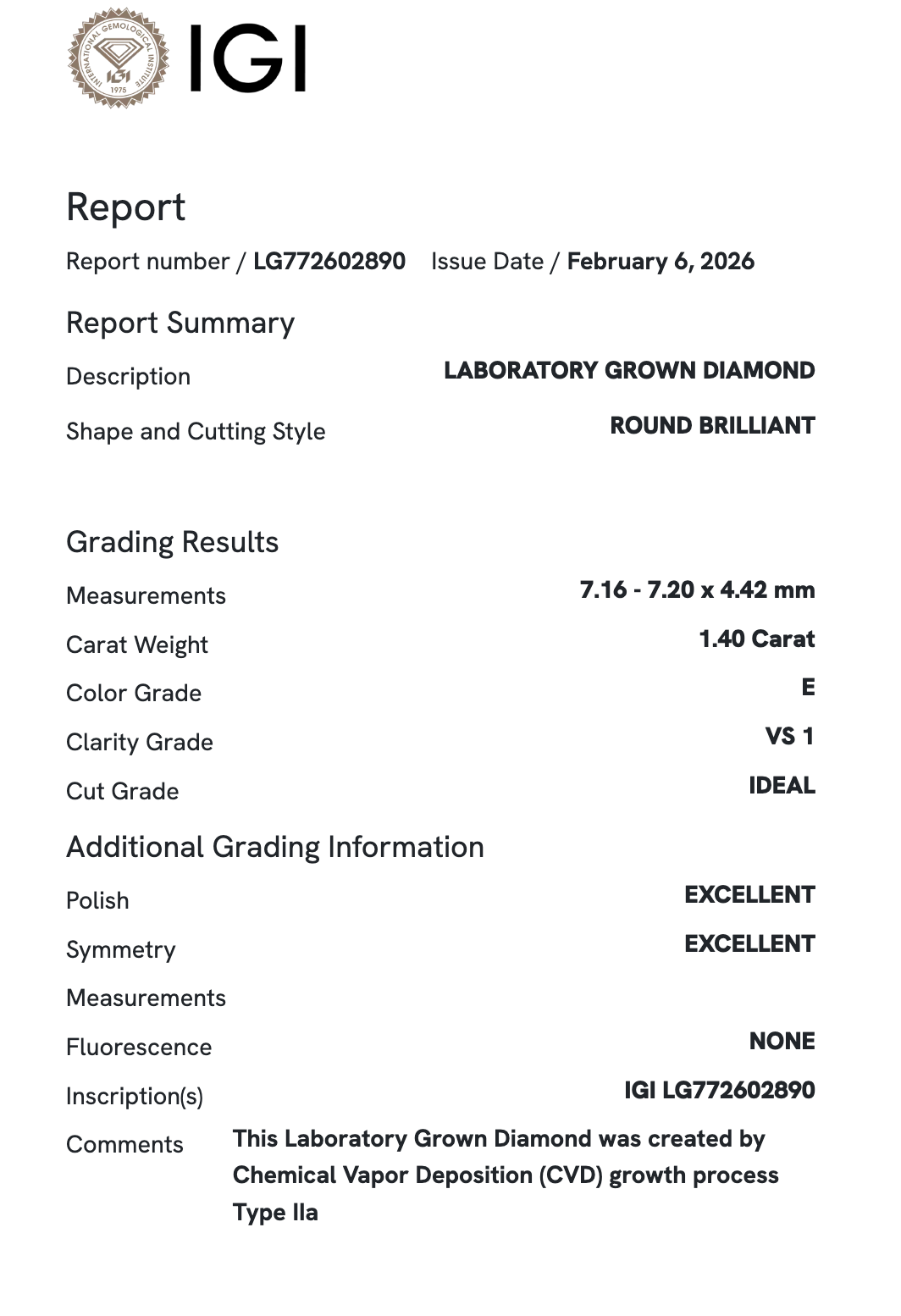 Lab Diamond - Round 1.40 ct E VS1