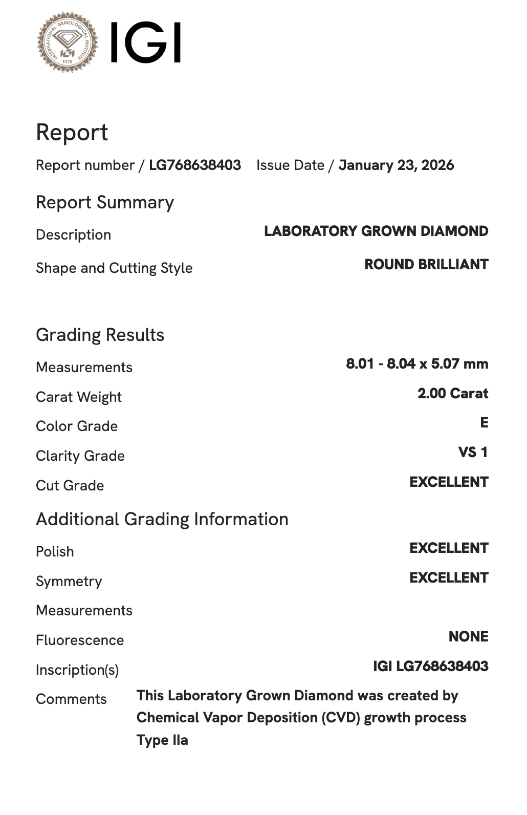Lab Diamond - Round 2.00 ct E VS1