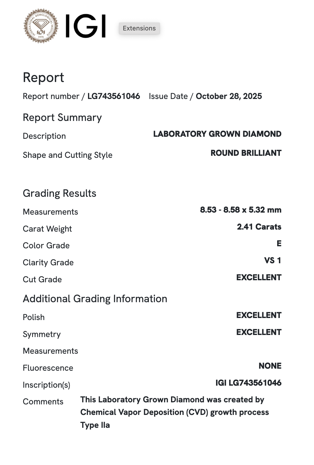 Lab Diamond - Round 2.41 ct E VS1