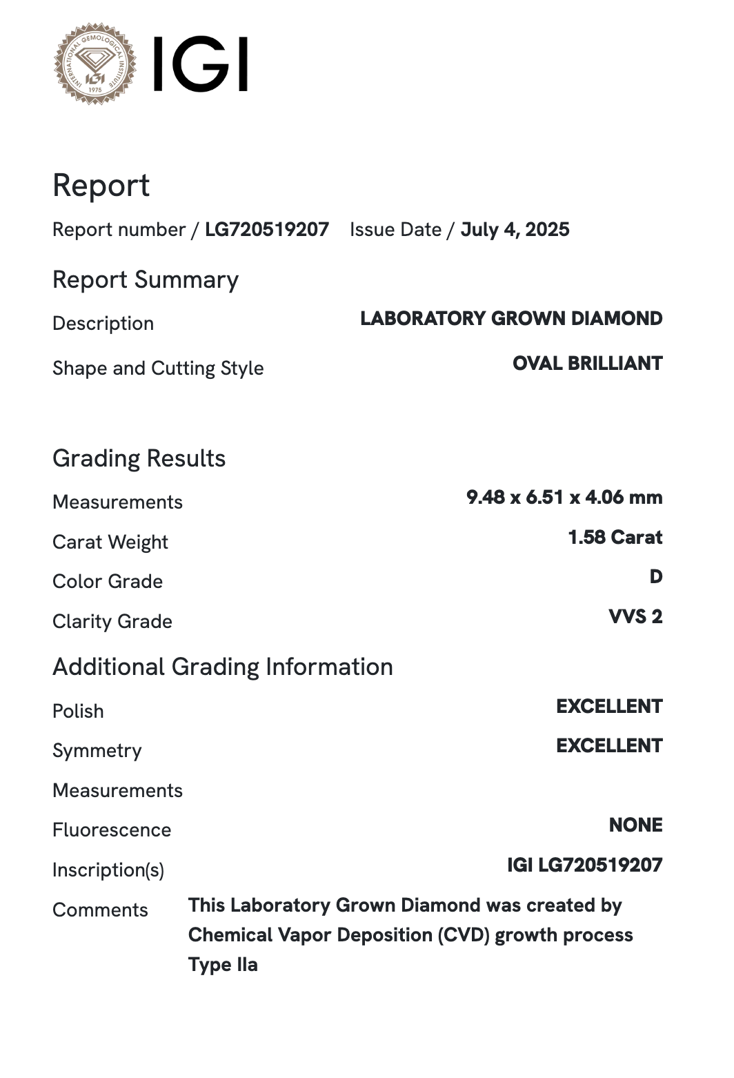 Lab Diamond - Oval 1.58 ct D VVS2