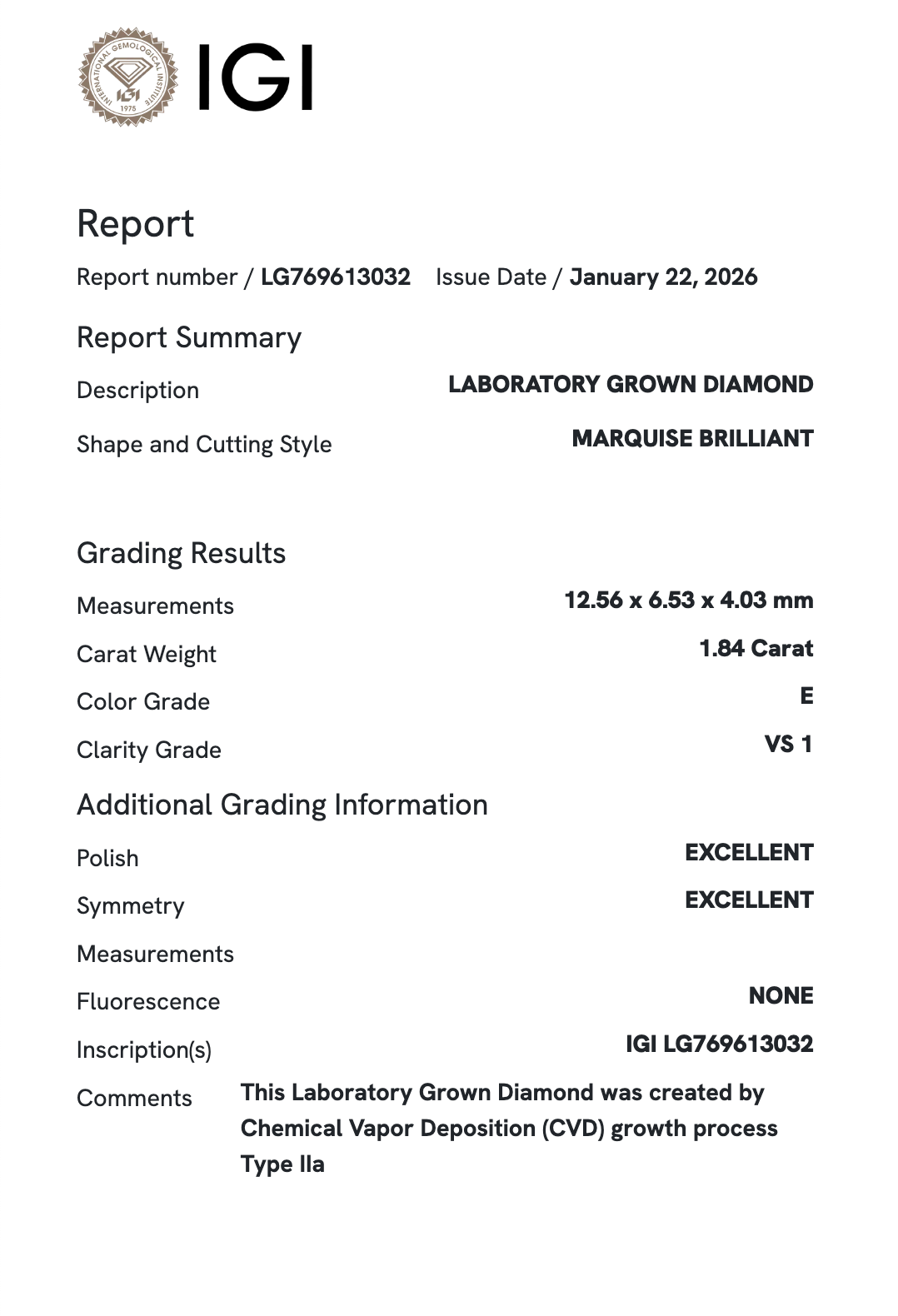 Lab Diamond - Marquis 1.84 ct E VS1