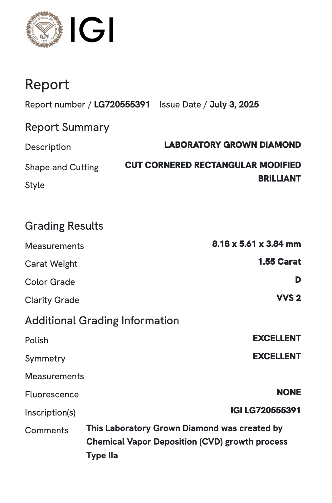 Lab Diamond - Radiant 1.55 ct D VVS2