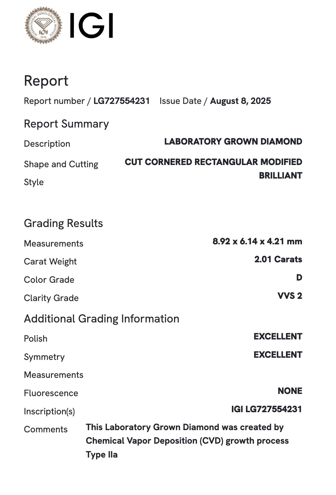 Lab Diamond - Radiant 2.01 ct D VVS2