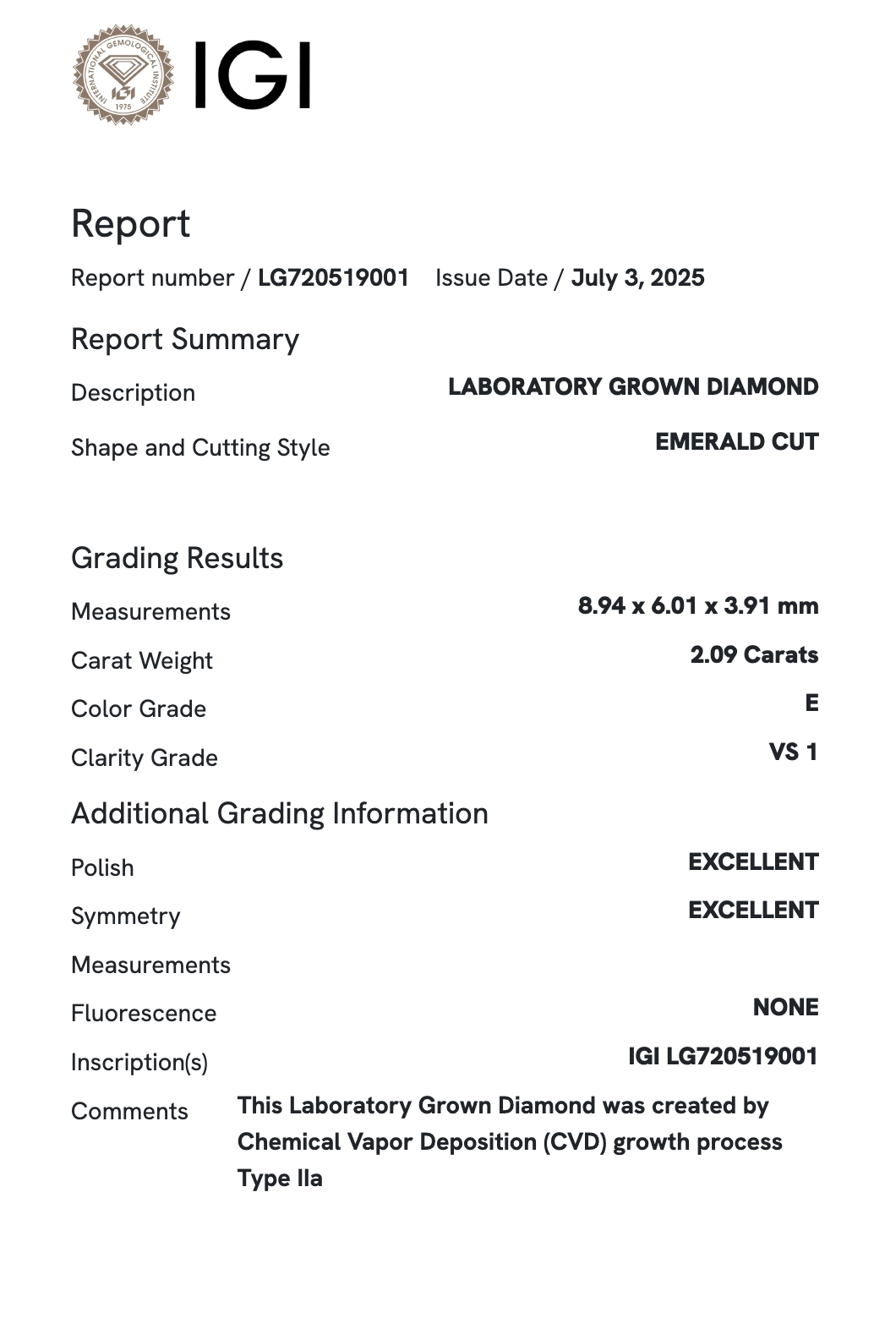 Lab Diamond - Emerald 2.09 ct E VS1