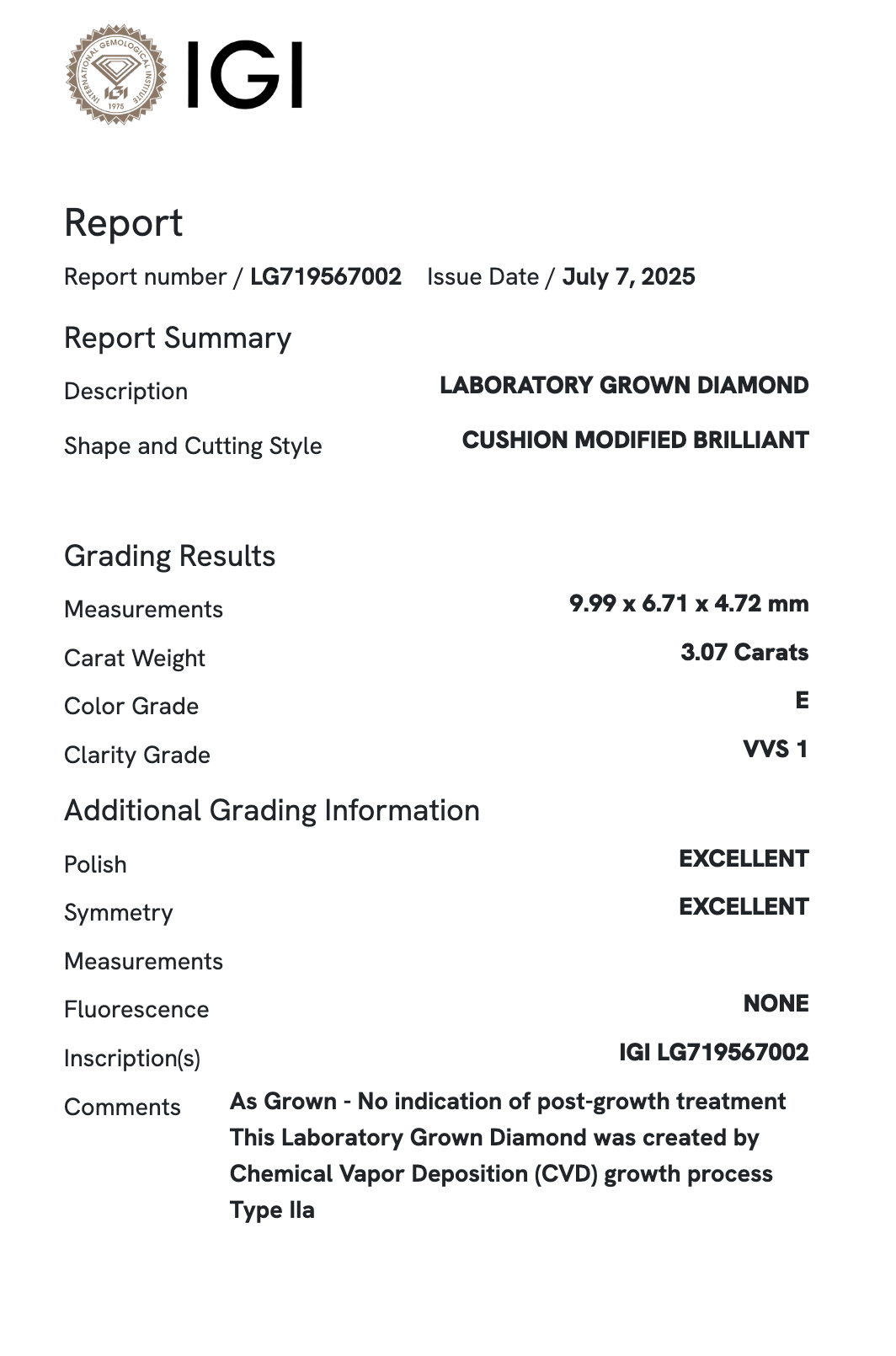 Lab Diamond - Criss Cut Cushion 3.07 ct E VVS1