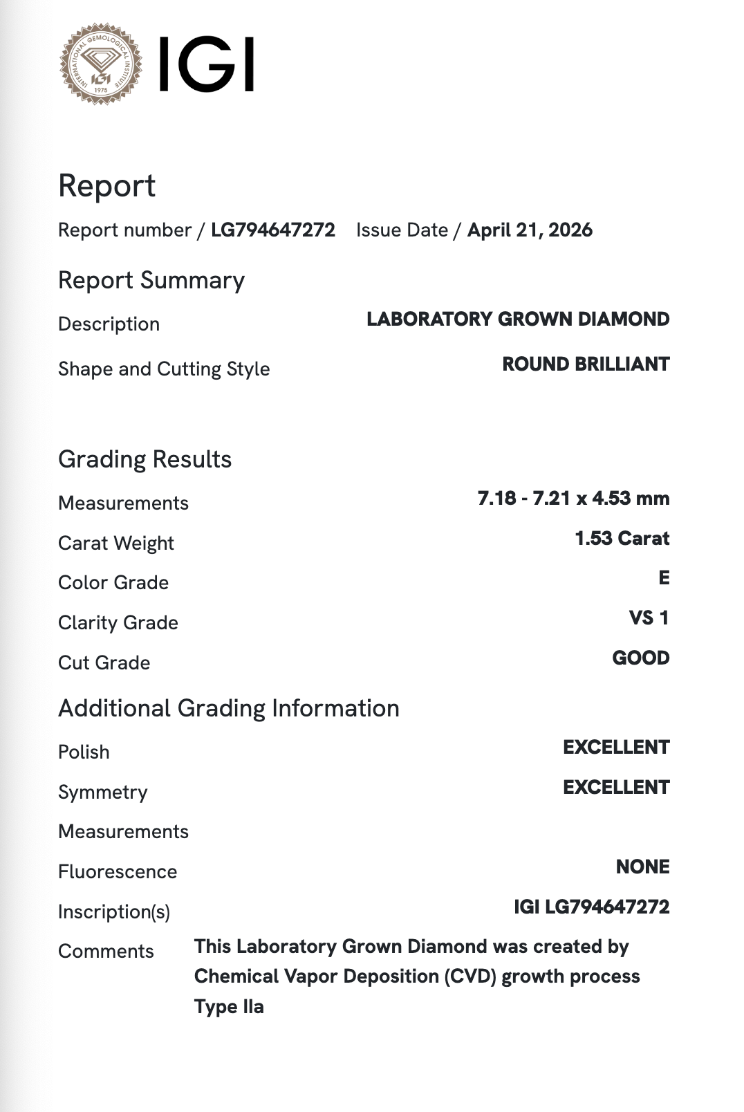Lab Diamond - Old European Cut Round (OEC) 1.53 ct E VS1