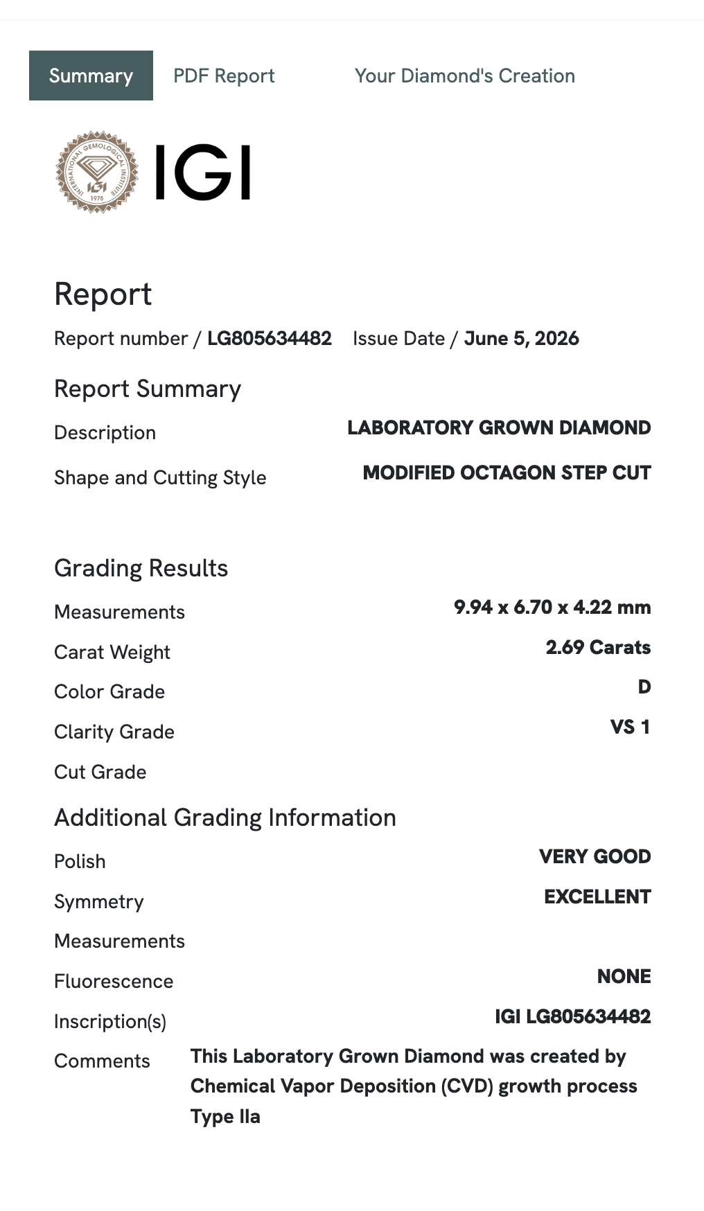 Lab Diamond - Modified Emerald 2.69 ct D VS1
