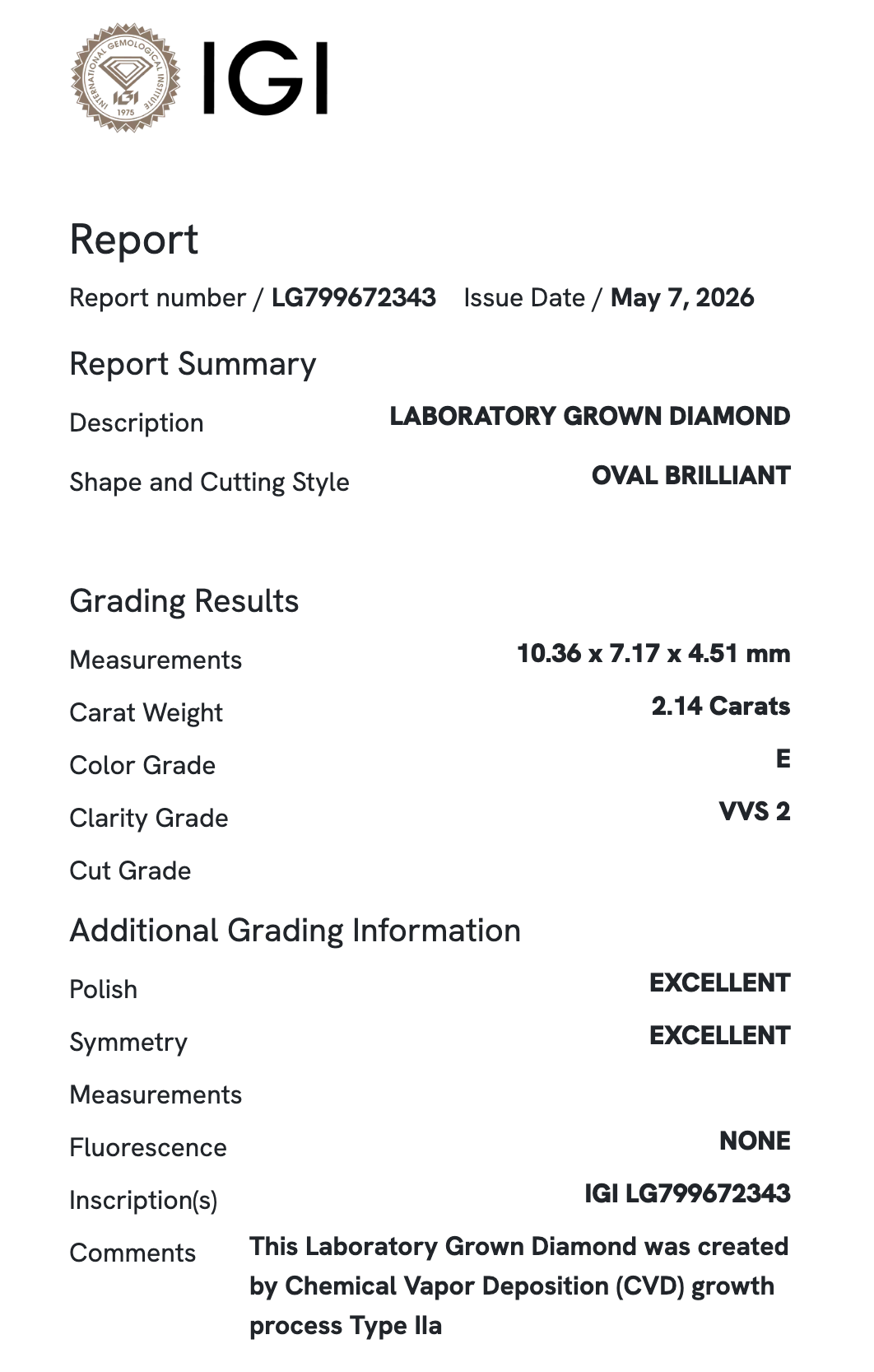 Lab Diamond - Oval 2.14 ct E VVS2