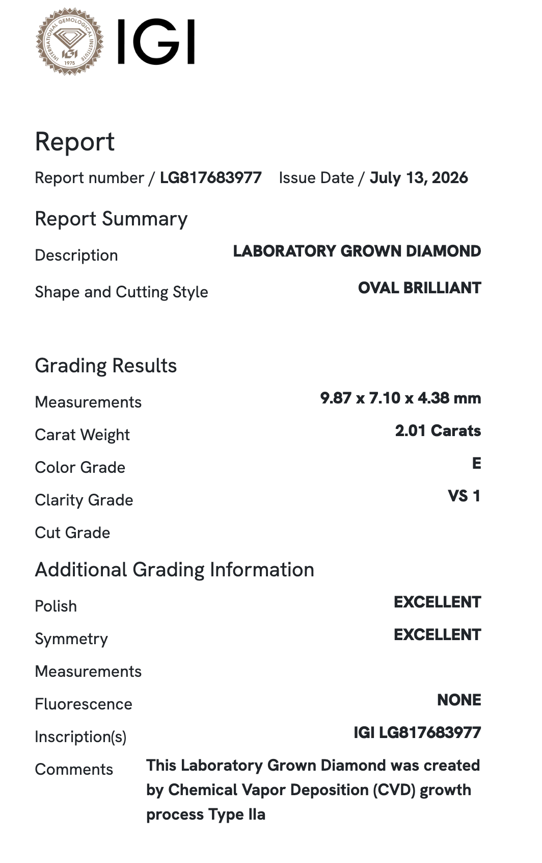 Lab Diamond - Oval 2.01 ct E VS1
