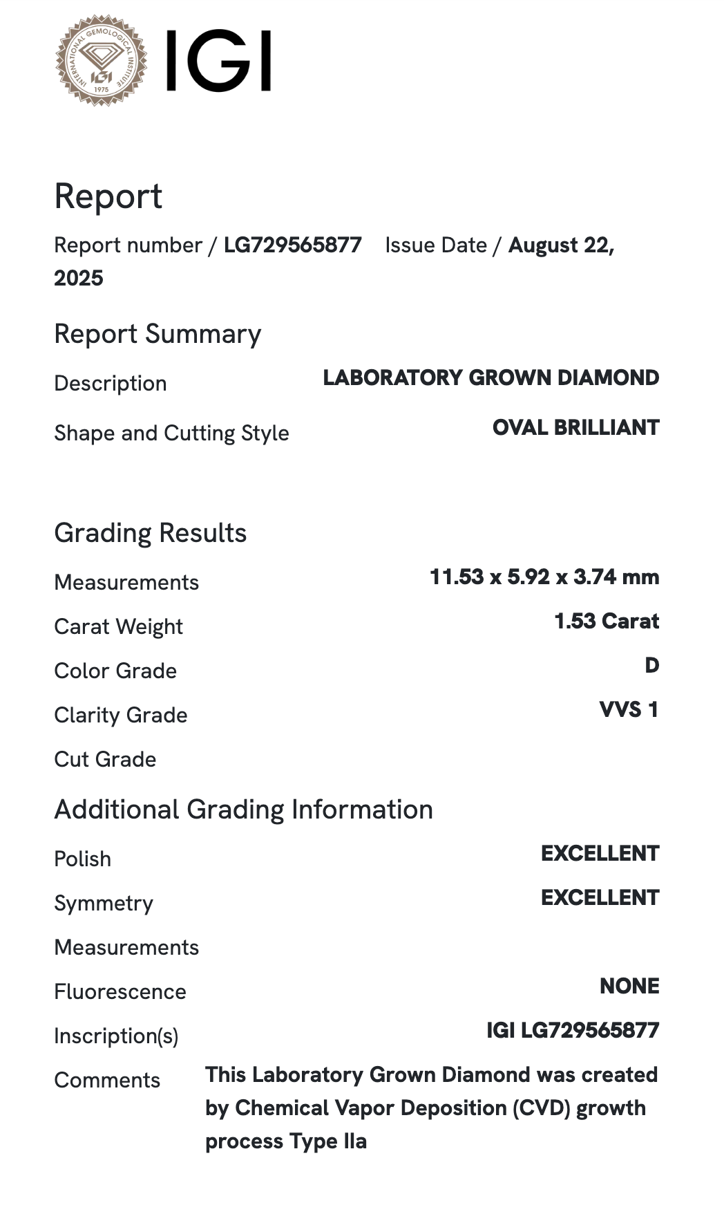 Lab Diamond - MOval 1.53 ct D VVS1