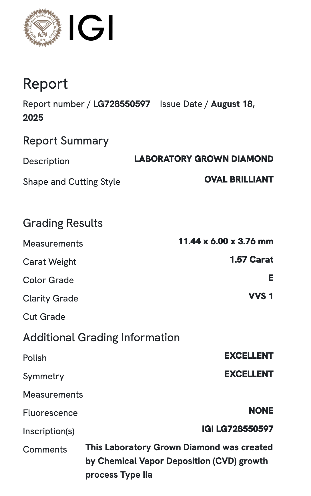 Lab Diamond - MOval 1.57 ct E VVS1
