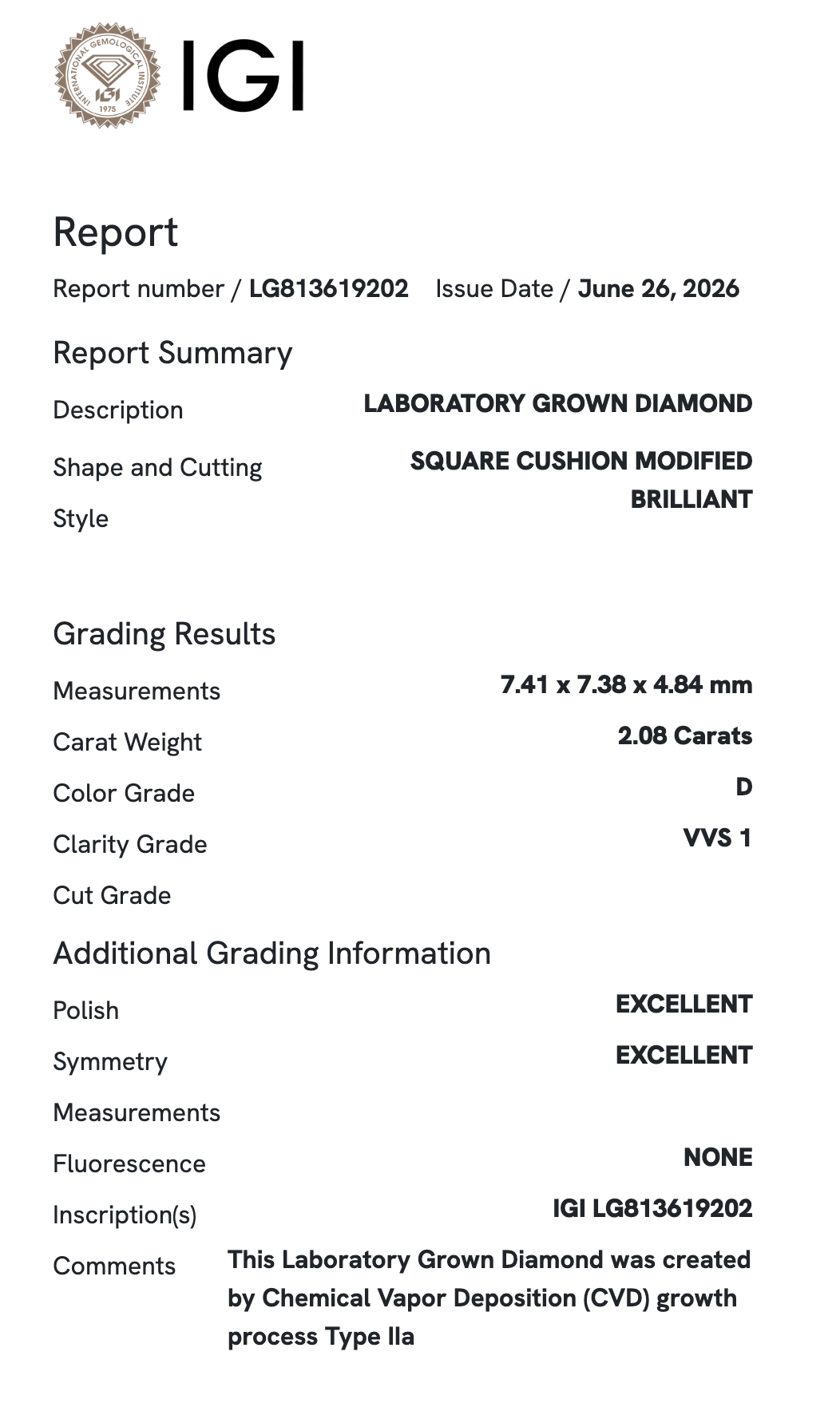 Lab Diamond - Cushion 2.08 ct D VVS1