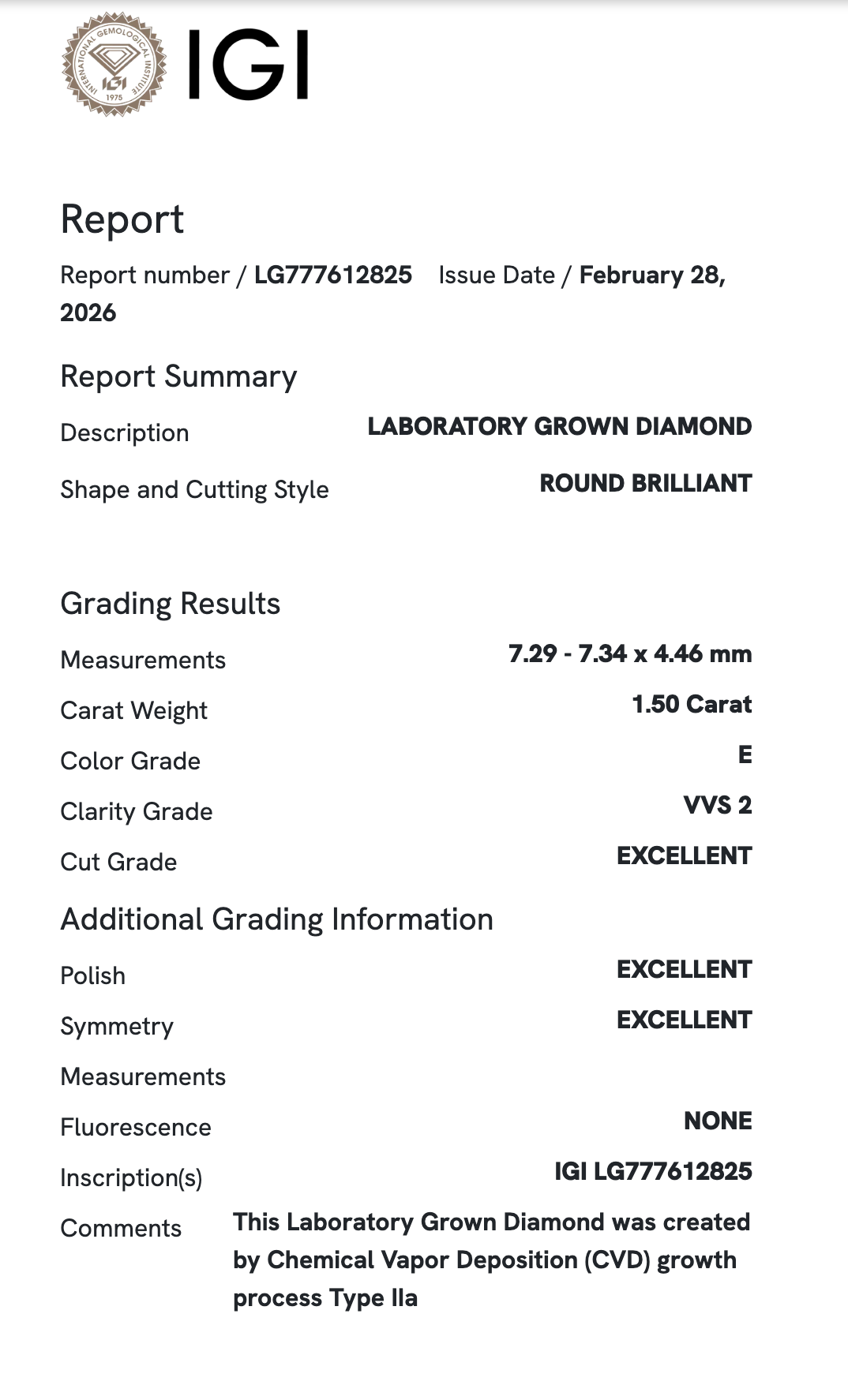 Lab Diamond - Round 1.50 ct E VVS2