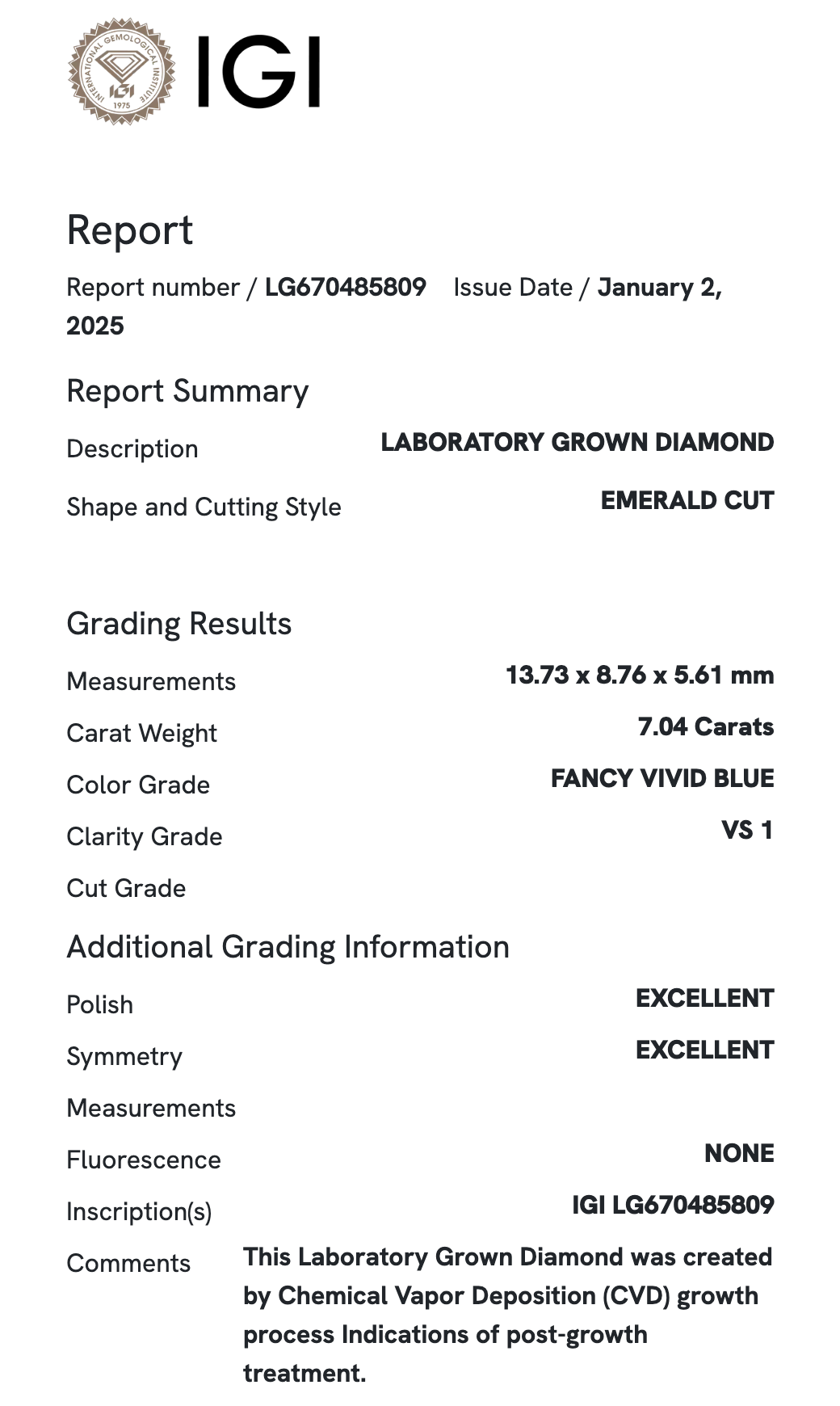 Lab Diamond - Emerald 7.04 ct Fancy Vivid Blue VS1