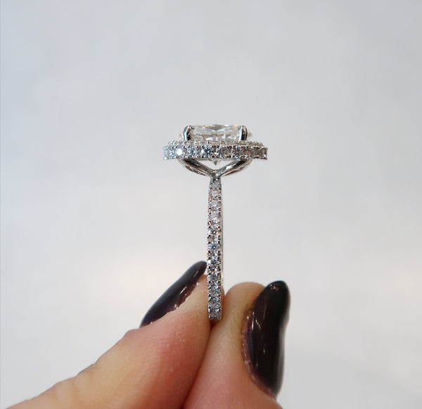 READY: 2.5 CT Oval Moissanite Waterfall Halo Platinum Ring