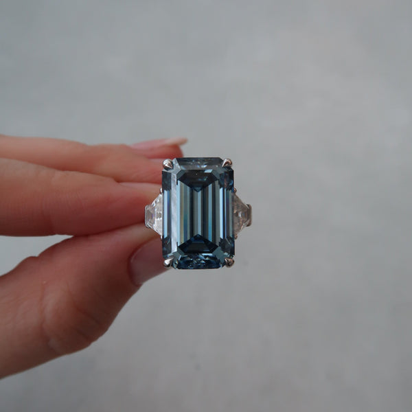 READY: 13 CT Emerald Cut Three Stone Blue Moissanite Cocktail Ring