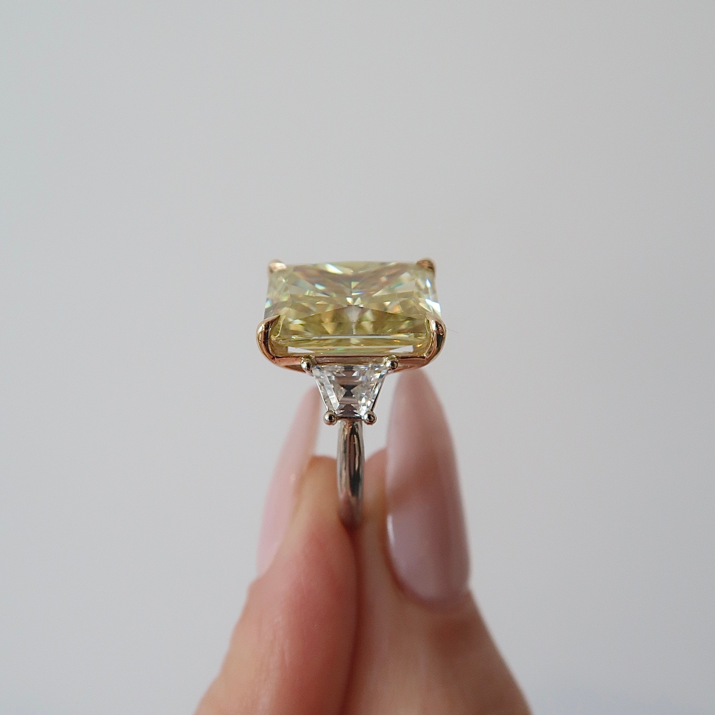 READY: 8.5 ct Yellow Radiant Three Stone Ring