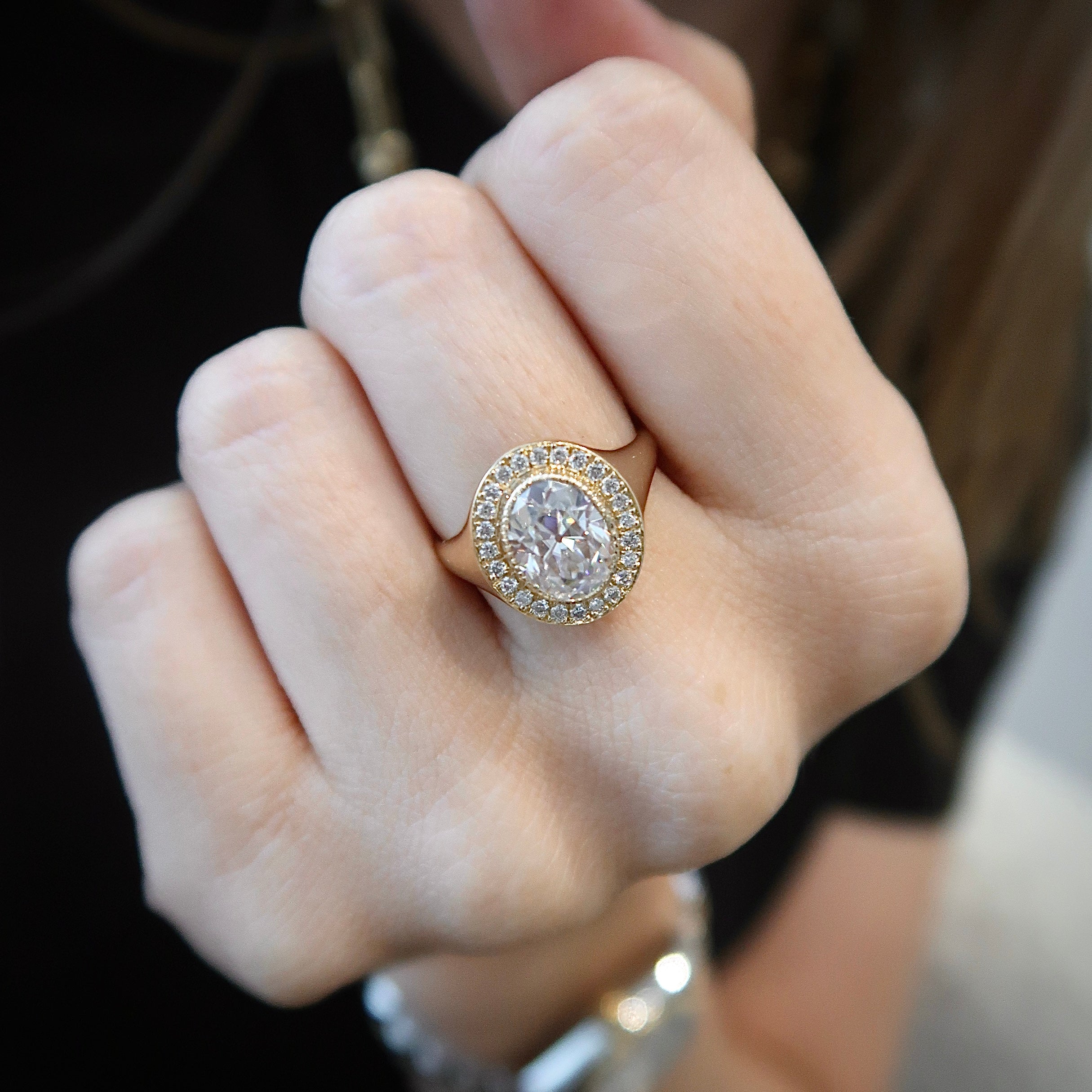 Signet Halo Ring - Oval Antique Moissanite