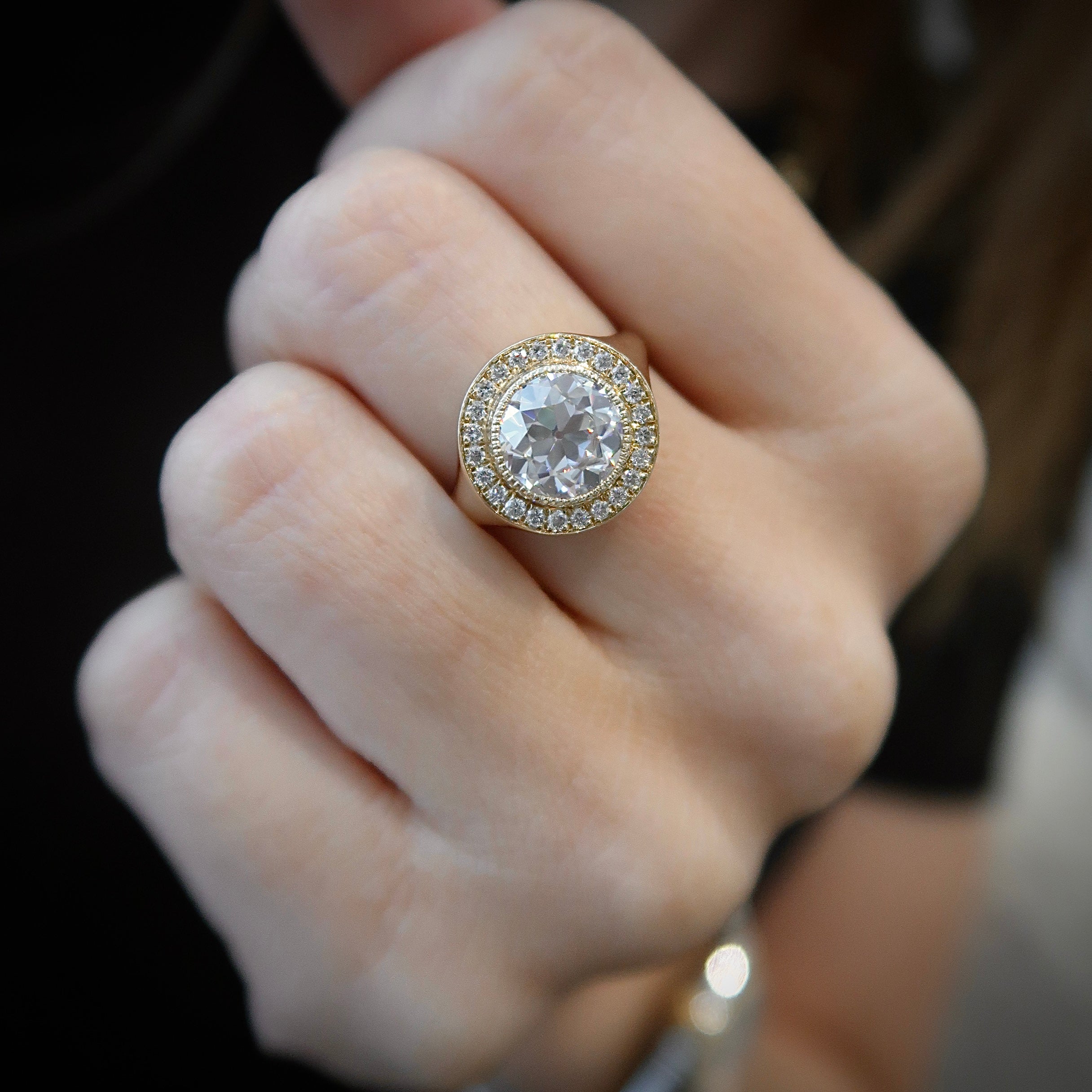 Signet Halo Ring - Old Euro Round Moissanite