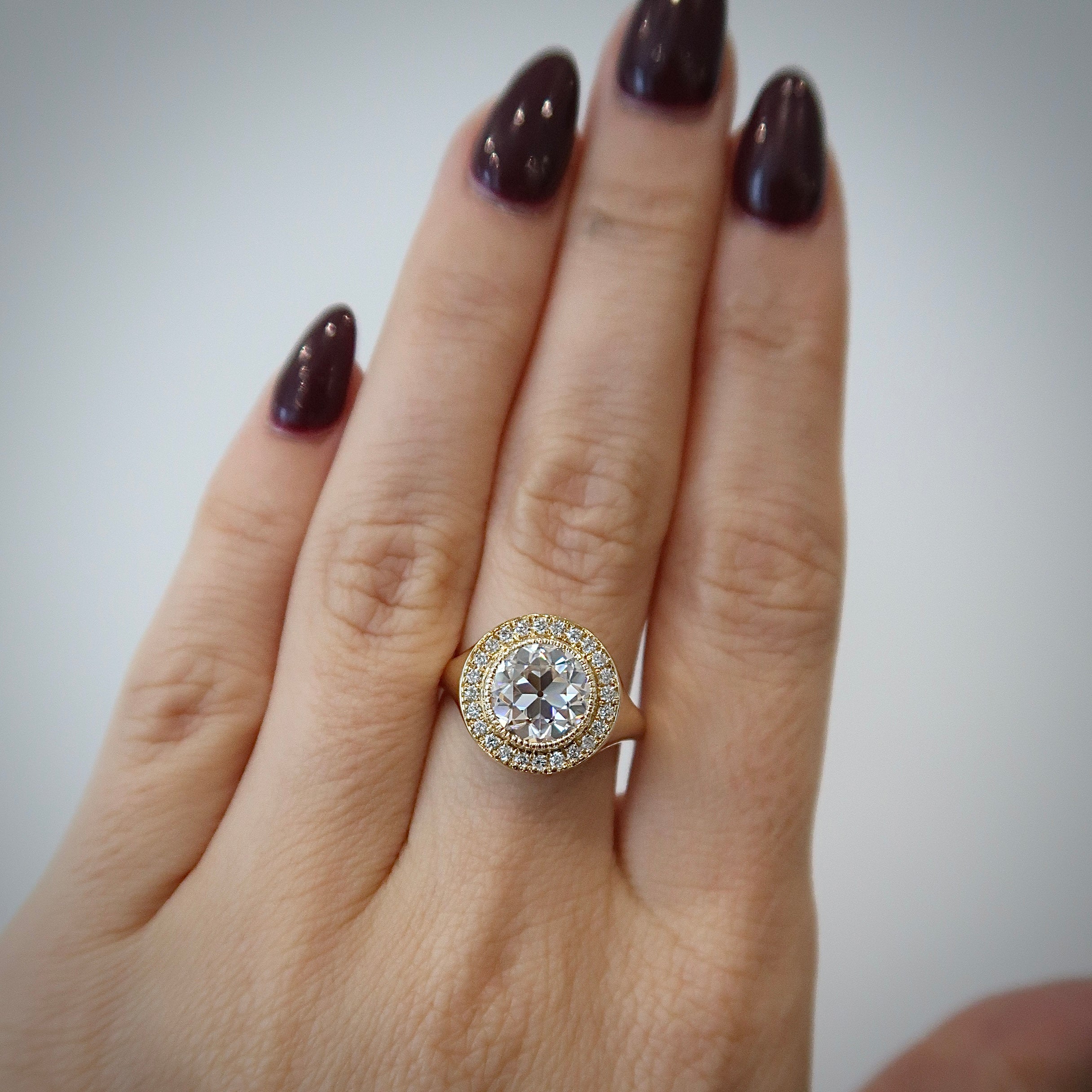 Signet Halo Ring - Old Euro Round Moissanite