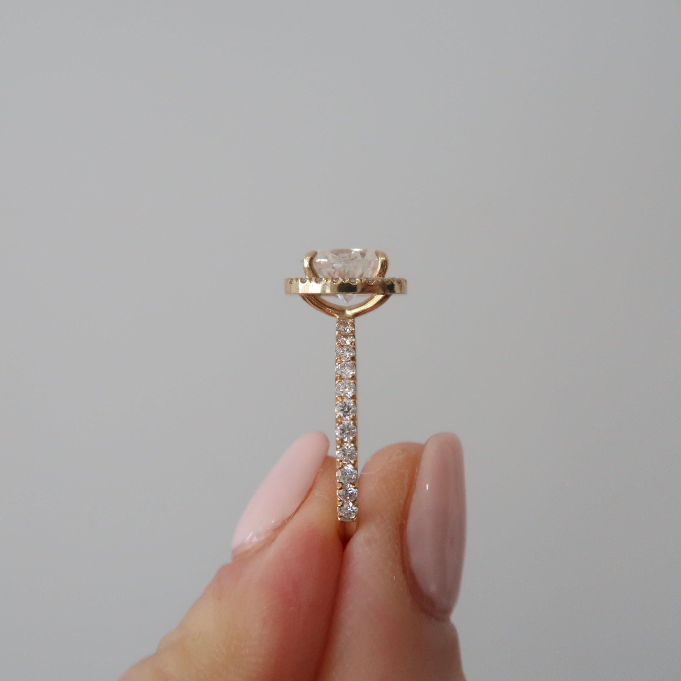 READY: 1.5 ct Oval Moissanite Yellow Gold Halo Ring