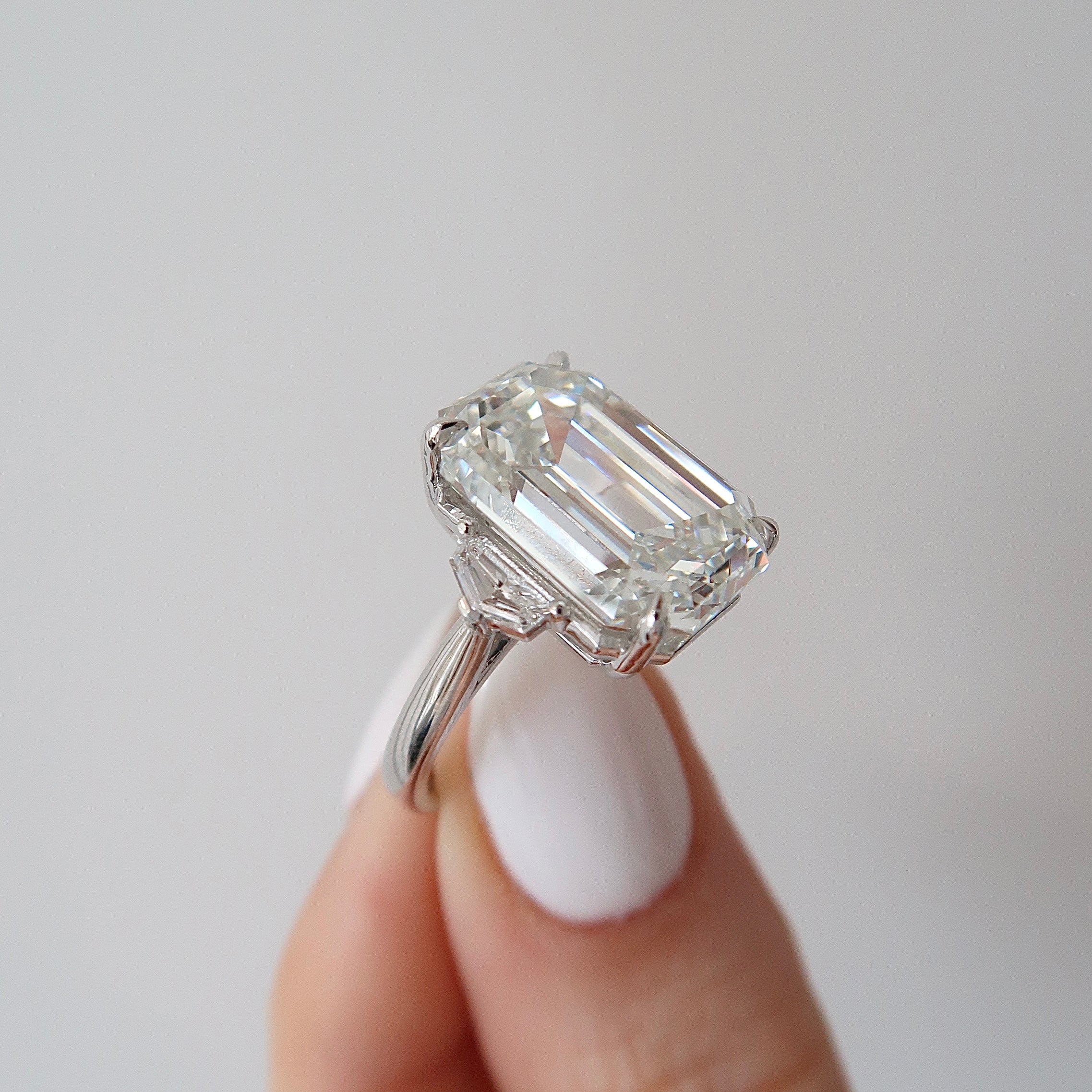 Lab Diamond Ring - 9.58 ct F VVS2 Emerald Three Stone Lab Diamond Ring