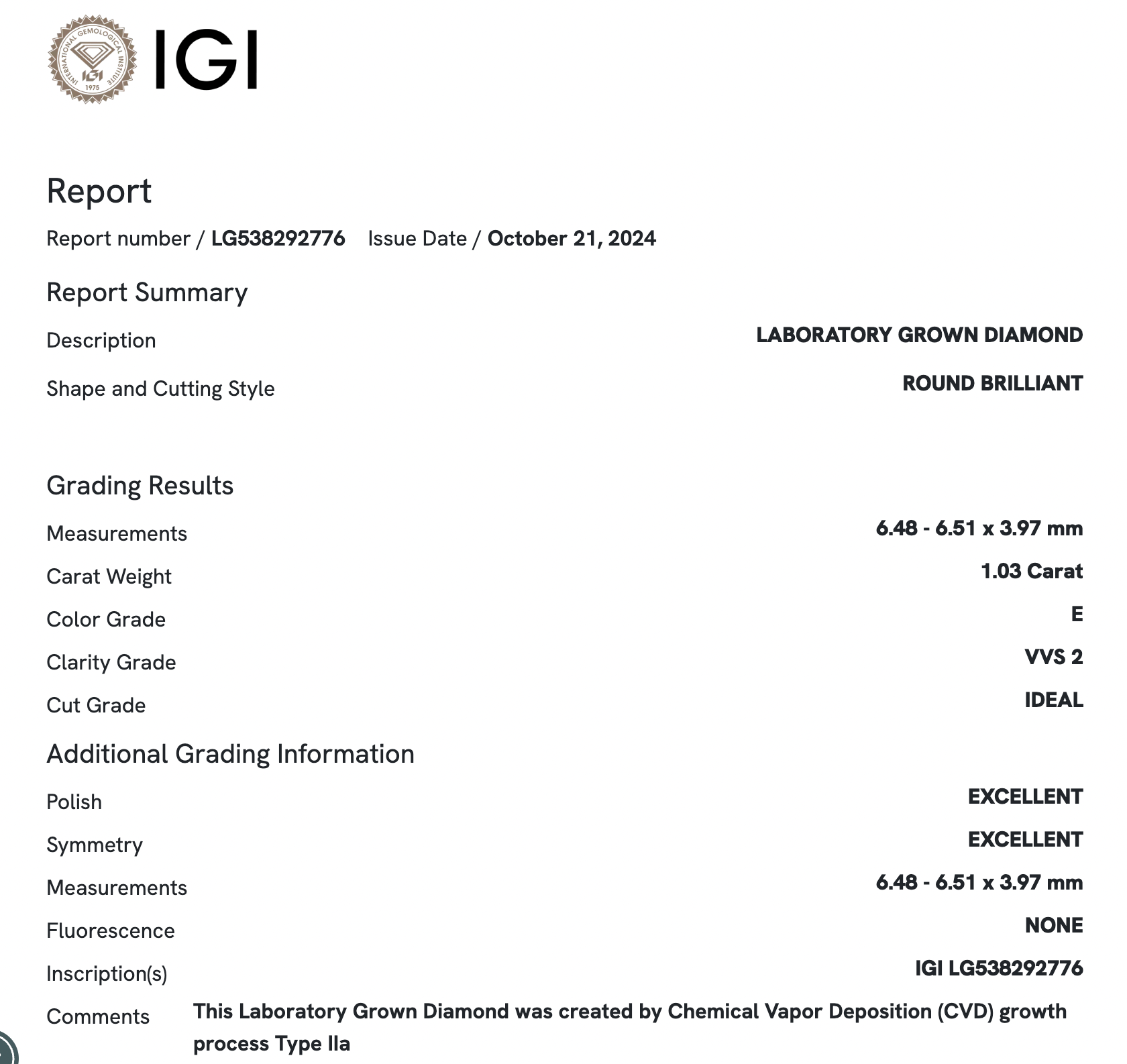 Lab Diamond - Round 1.03 ct E VVS2