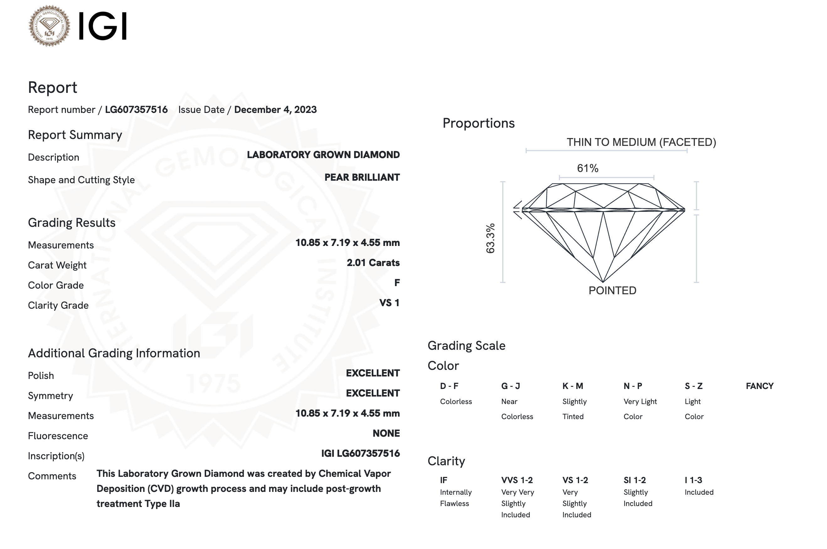 Lab Diamond - Pear 2.01 ct F VS1