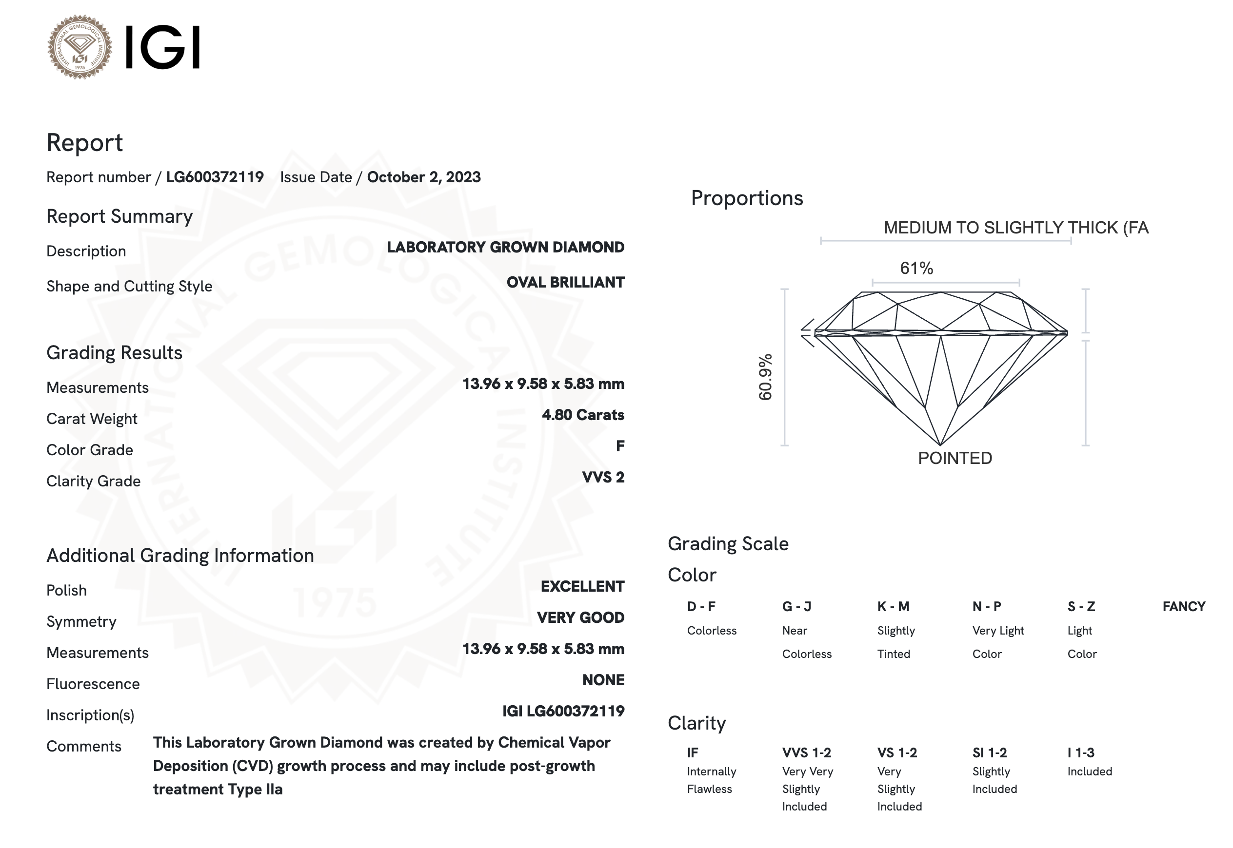 Lab Diamond - Oval 4.80 ct F VVS2