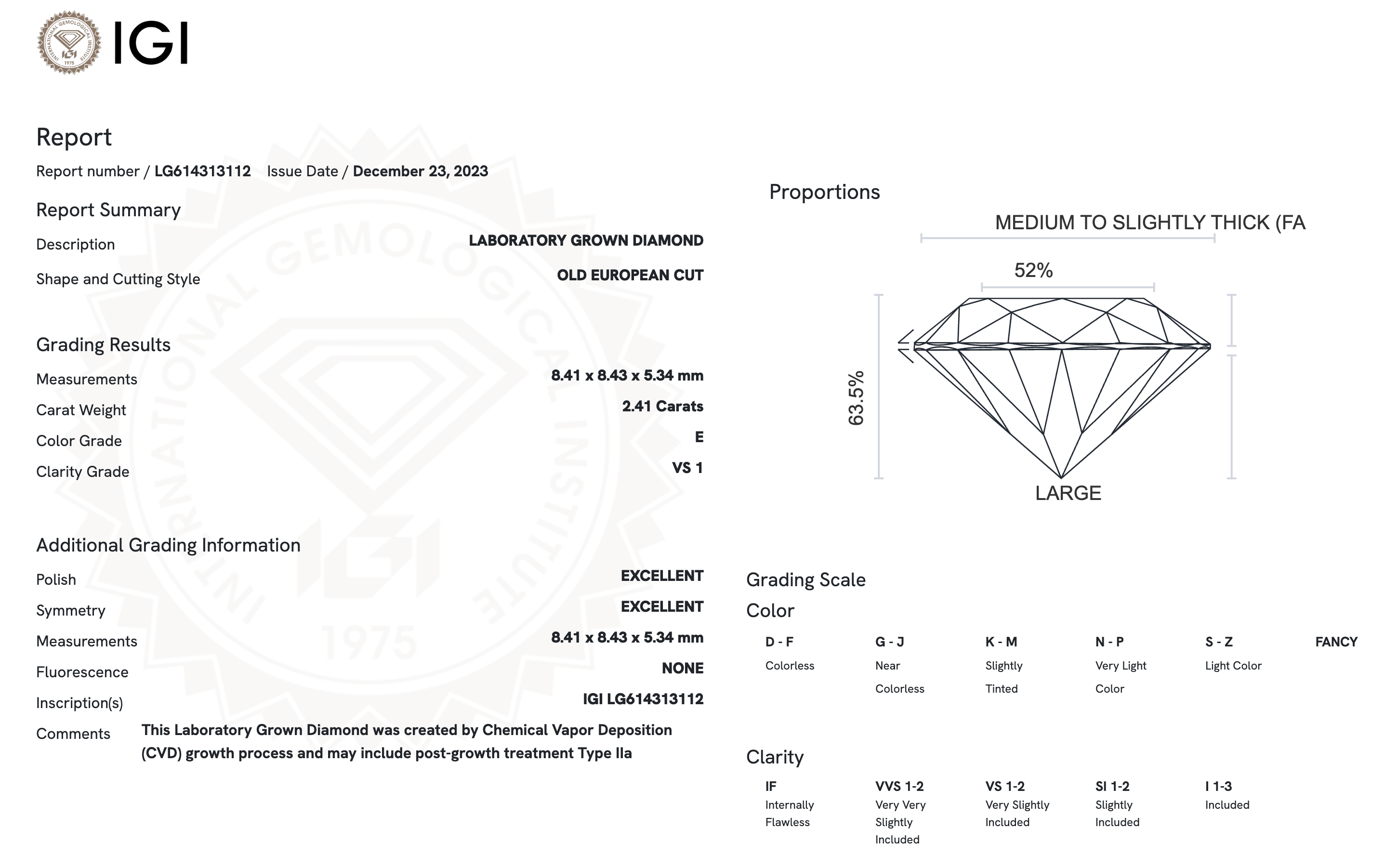 Lab Diamond - Old European Cut Round (OEC) 2.41 CT E VS1