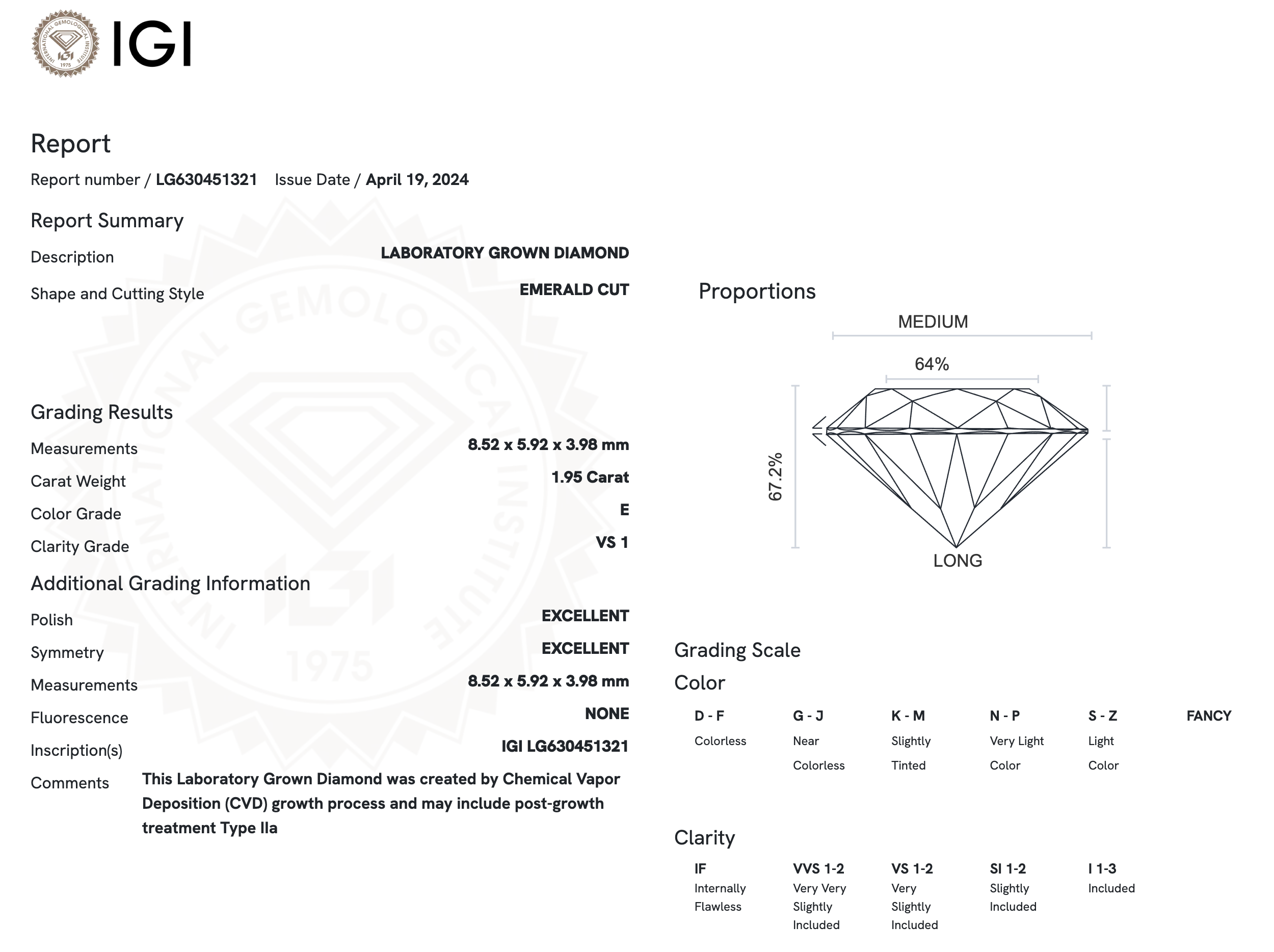 Lab Diamond - Emerald 1.95 E VS1