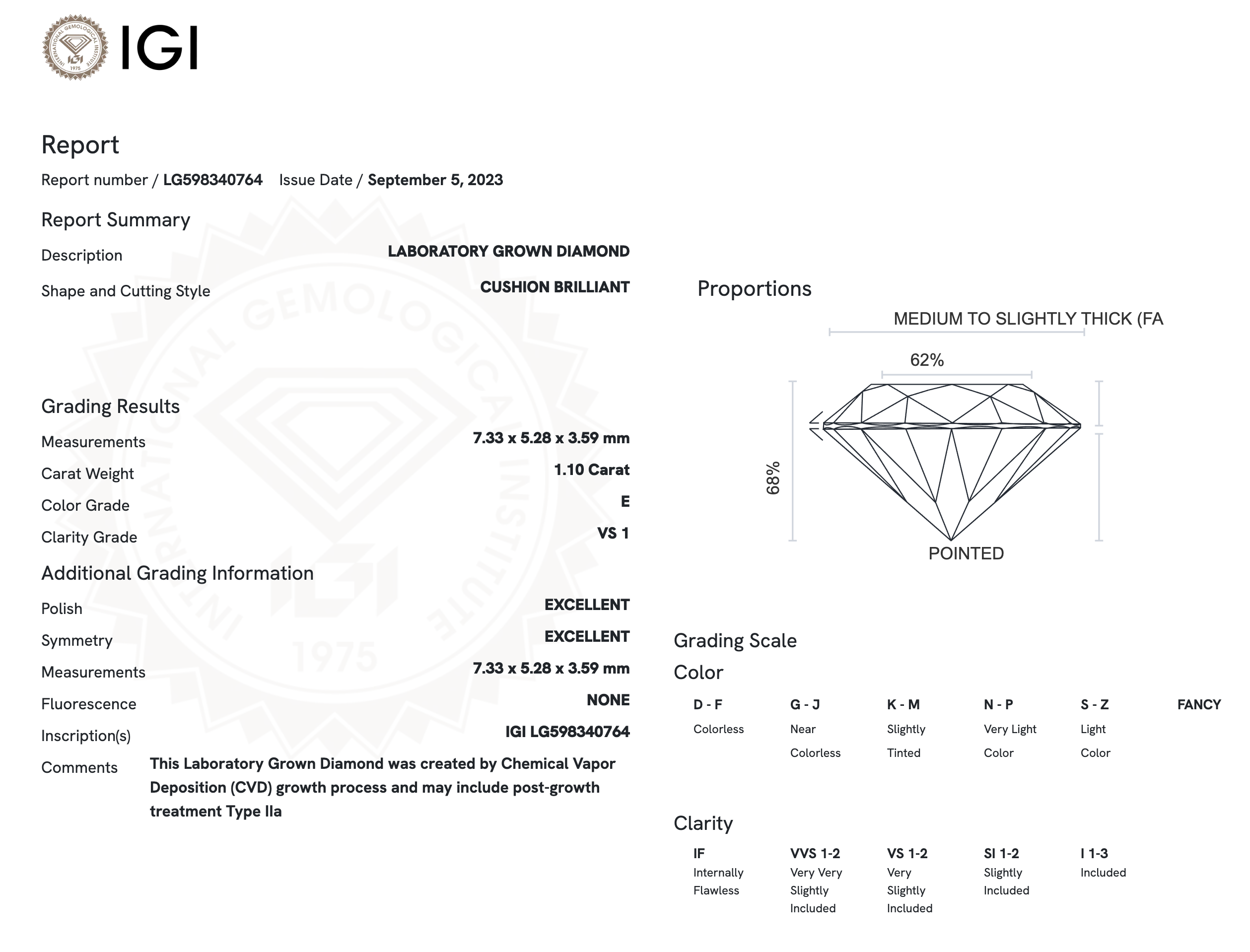 Lab Diamond - Elongated Cushion 1.10 E VS1