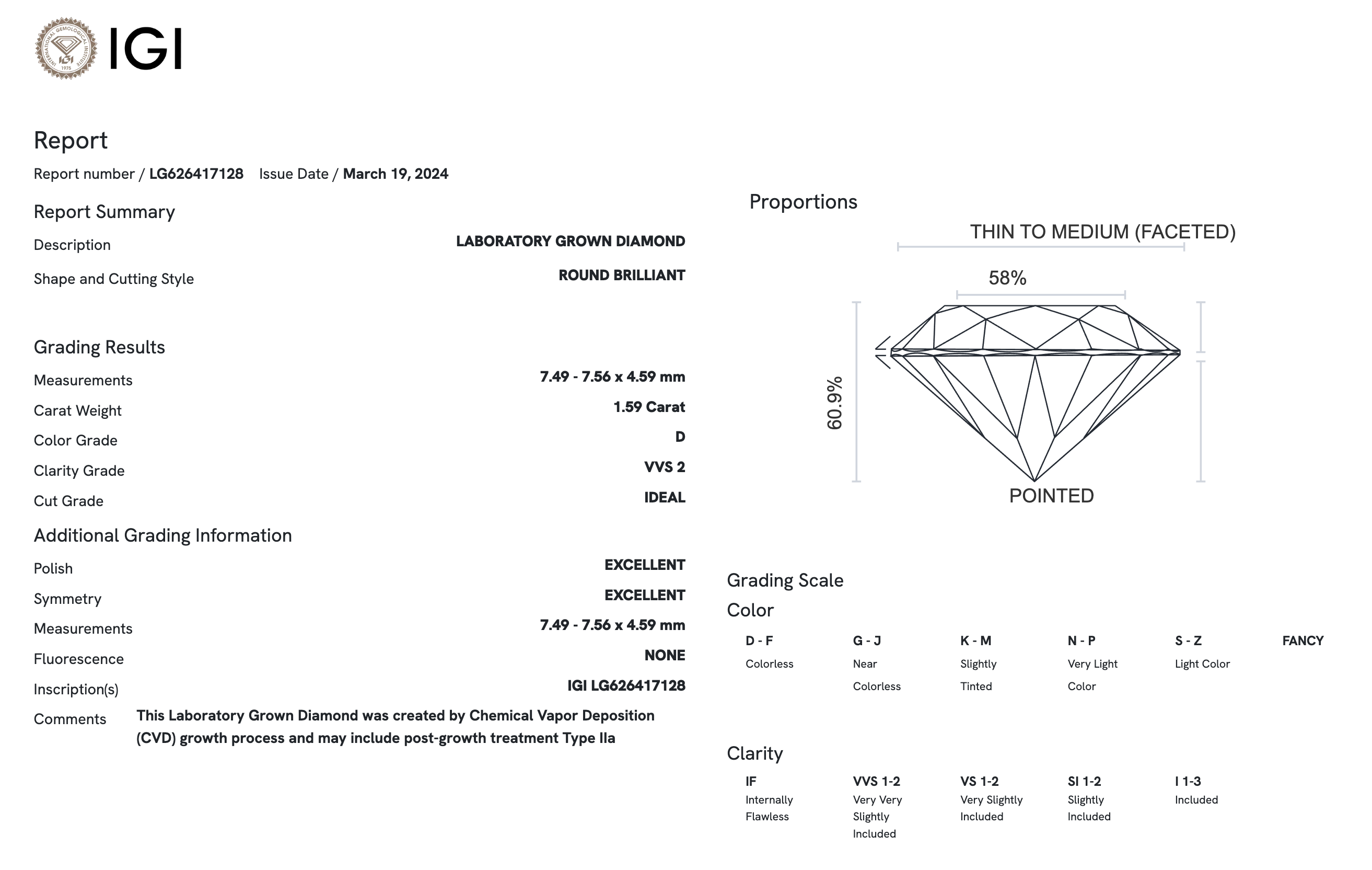 Lab Diamond - Round 1.59 ct D VVS2